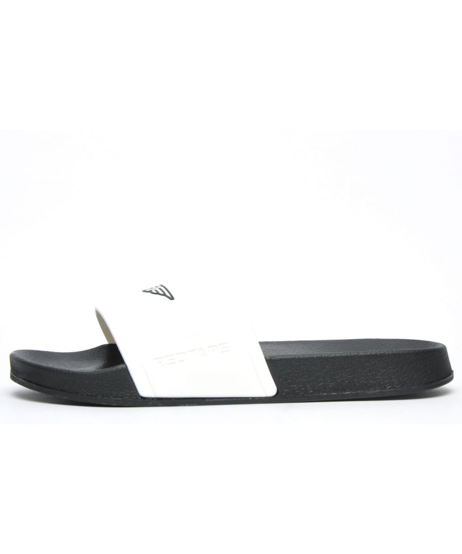 Embrace all day everyday super comfy wear this summer season in these superlite mens designer sliders from Red Tape\n Featuring a classic slip-on design, boasting a moulded footbed and textured tread for extra grip finished with high end designer brand detailing to the strap and brand logo lettering to the sidewall for a designer look\n Whether youre on holiday, round the pool, on the beach or using for downtime wear after a hard day at the gym the super lightweight Red Tape Silva is a great go to option that you shouldnt be without\n - Premium Slides\n - Slip on / off design offers effortless wear\n - One-piece bandage style strap offers comfort and support\n - Synthetic construction provides durability\n - Comfort moulded footbed delivers fatigue free wear\n - Super lightweight model\n - Red Tape branding\n Please Note: These sandals are supplied Poly Bagged (without box)