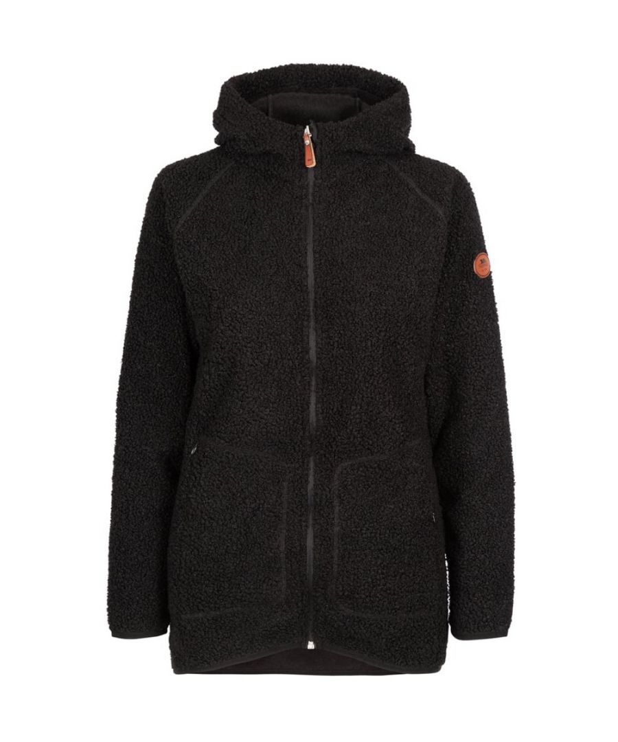 Curly Sherpa Fleece. Grown on Hood. Full Front Zip. 2 Pockets. Binding at Cuffs. Leather Trims.