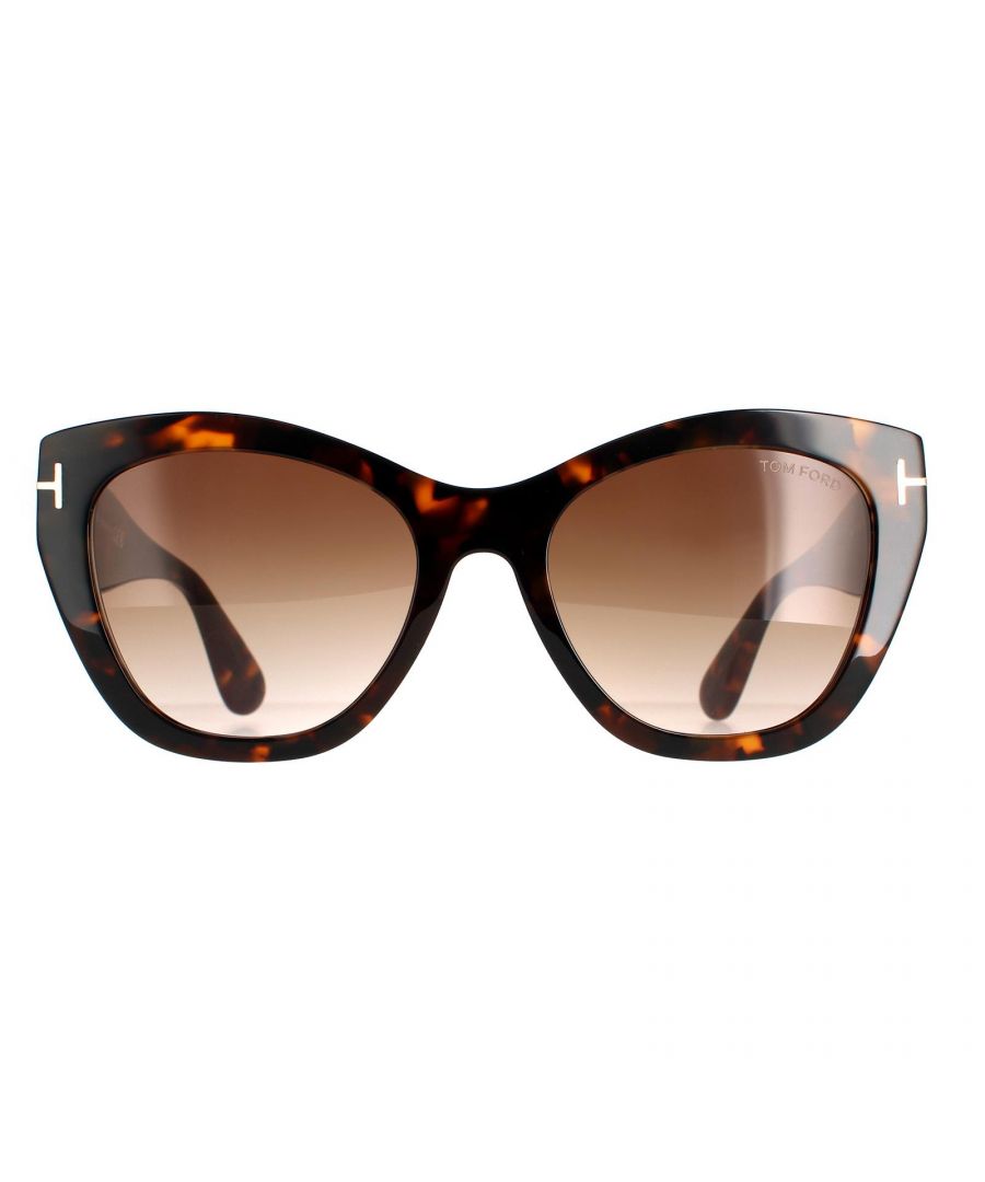 Tom Ford Cat Eye Womens Dark Havana Brown Gradient FT0940 Cara Sunglasses are a bold style with an elgeant cat eye silhouette with the iconic T metal motif on the chunky acetate frame.