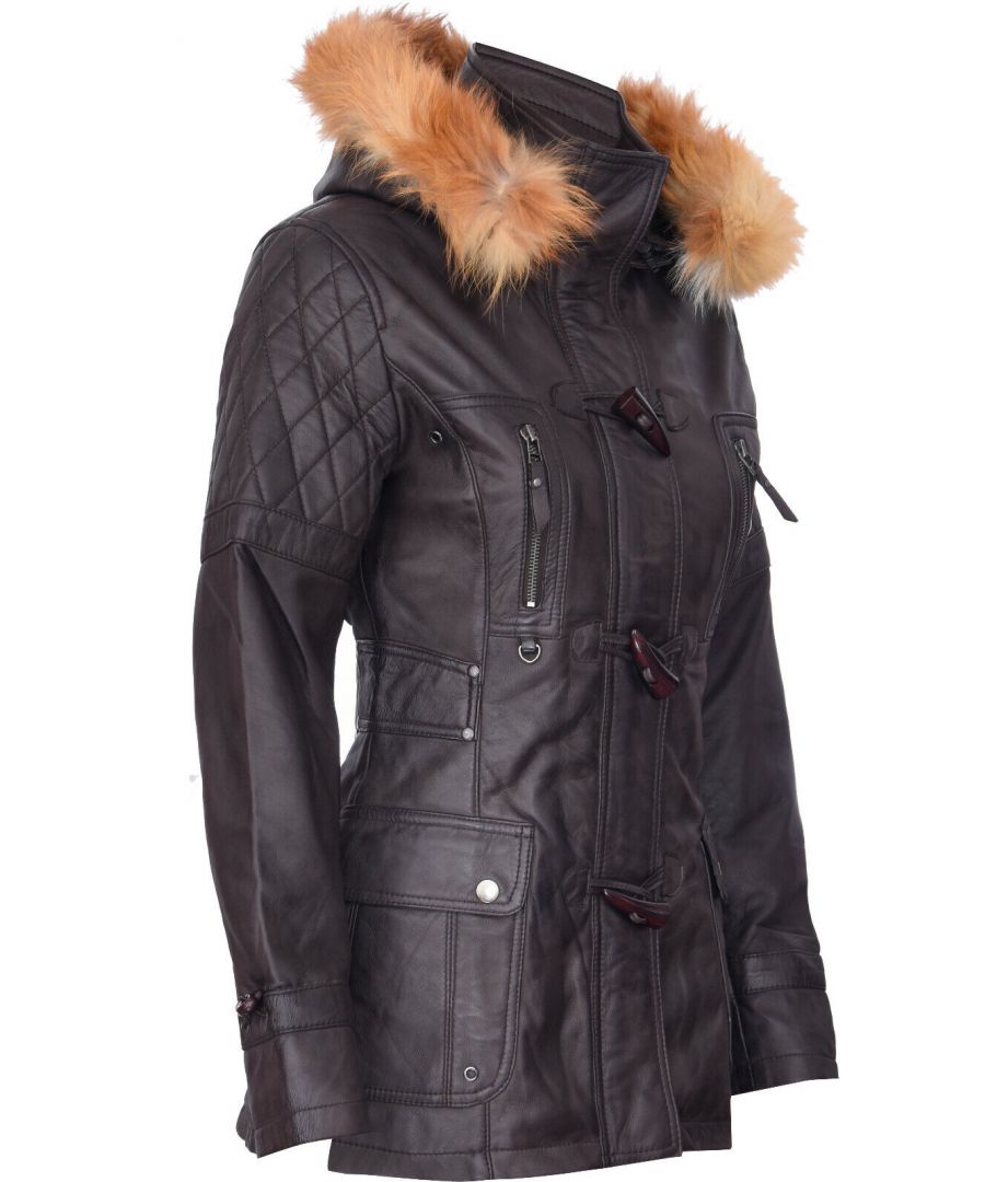 Infinity Leather Women's Brown Quilted Leather Hooded Parka Jacket-Northampton In | Size: 24 - Image 2