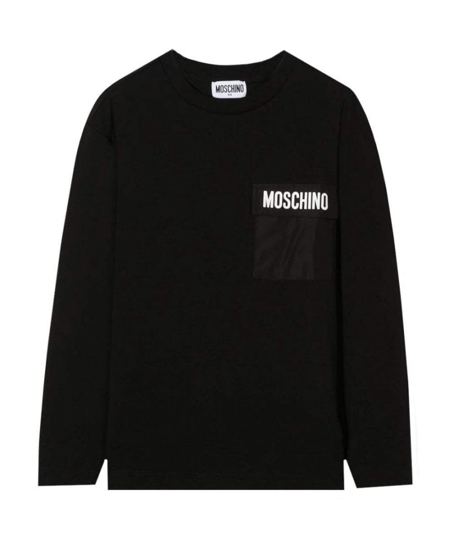 This Moschino T-Shirt is crafted from cotton and consists of long sleeves, round neckline, frontal chest pocket and a Moschino logo on the pocket.