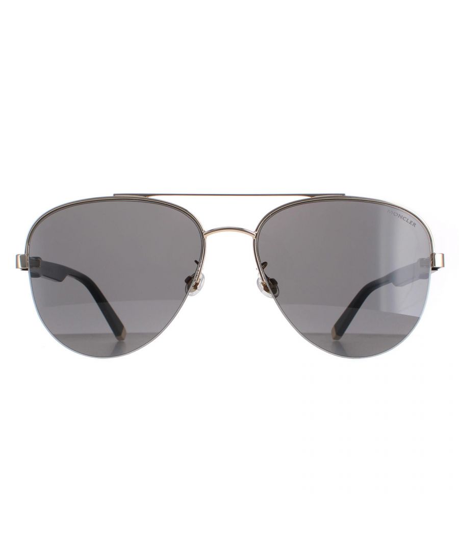 Moncler Aviator Unisex Gold Black Grey ML0108-K  Sunglasses offer a classic, yet contemporary look with their aviator frame design. The metal construction provides durability, while the Moncler logo on the temple adds a touch of the brand's signature luxury. These sunglasses are perfect for those who want to make a statement while still maintaining a timeless look.