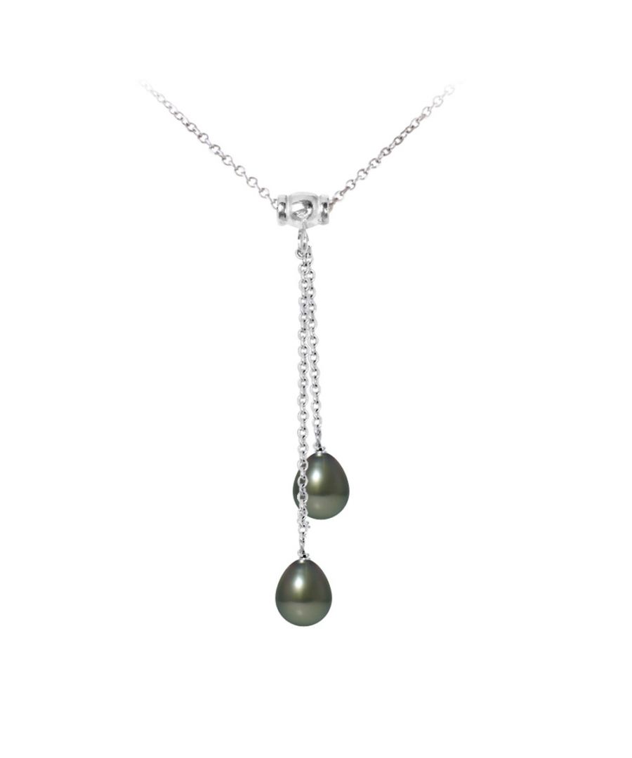 2 Tahitian Pearls and 925 Sterling Silver Woman Necklace Made in France Mounting in 925 Sterling Silver Length : 45 cm Weight : 3.40 gr Length of Pendant : 2.5 and 3.5 cm 2 Tahitian Pearls Quality : A Shape of pearl: Pear Size of the pearl: 8 mm