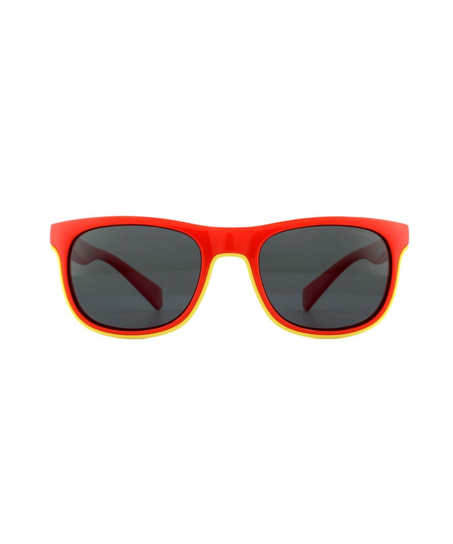 Polaroid Kids Sunglasses PLD 8035/S C9A M9 Red Grey Polarized are a vibrant rectangular style for kids. The lightweight acetate frame is super comfortable for all day wear and is designed to fit children aged 8-12 years. Polarized lenses will ensure a comfortable view and the temples are signed off with the Polaroid logo.