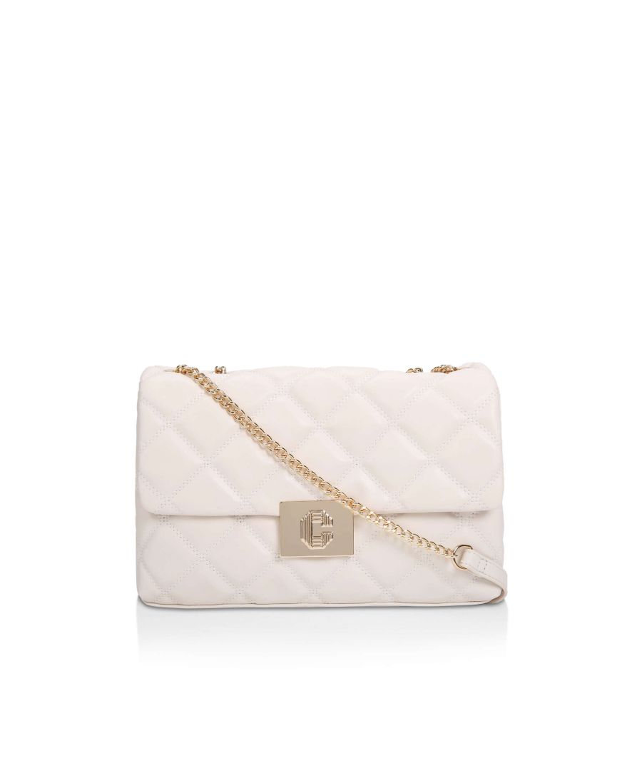 The Gemstone Midi bag features a bone exterior with diamond overstitch quilt. The front flap closes with a gold tone Signature C clasp. 21cm (H), 31cm (L), 7cm (D). Strap length shoulder: 65cm. Strap drop: 28cm. Adjustable angled chain strap with insert. Single magnetic closure under branded plate. Can fit phones up to 7 inches. Small internal lining pocket. Exterior: Leather alternative. Interior: Monogrammed interior lining.