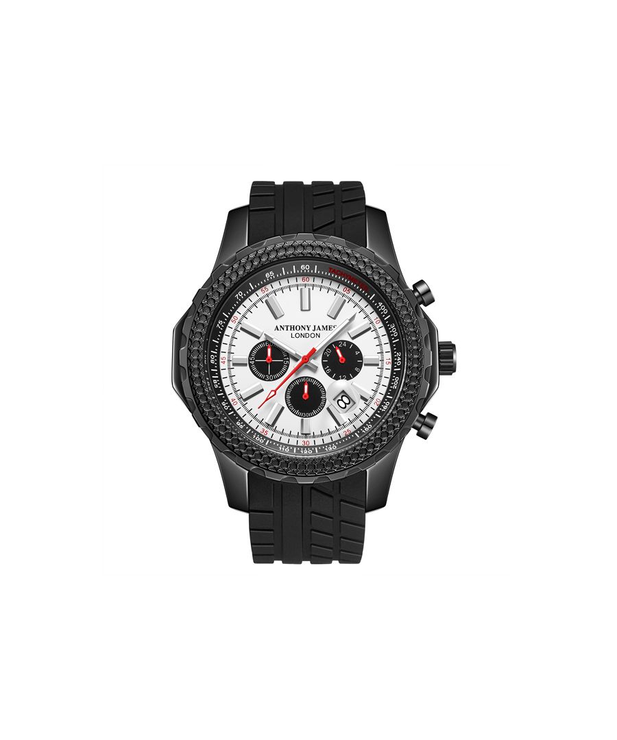 This Hand Assembled Anthony James Limited Edition Chronograph Dashboard White men’s watch boasts Quartz Chronograph Movement, which rotates the luminous hands across the matching indices while also powering the control-panel Seconds, Minutes, and 24-Hour counters. These are set against the star-white dial. Surrounding this, the Tachymeter chapter ring matches the watch’s theme by enabling the wearer to measure distance speed based on time and distance travelled. The slate-black silicone bracelet provides a sport-like appeal, and the Anthony James logo engraved stainless steel caseback completes the timepiece.  Model Specifications \n• Quartz Chronograph Movement \n• Tachymeter Chapter Ring\n• White Dial\n• Black Case\n• Luminous Hands\n• Seconds, Minutes & 24 Hour Counter\n• Black Silicon Bracelet\n• Logo Engraved Stainless Steel Caseback \n• Black IP Case  \n\n• 12 Hour Analogue\n• Water Resistant 30M\n• Scratch Resistant Mineral Glass\n• 5 Year Warranty\n• Nickel Free & Hypoallergenic IP Plating\n\n• Watch Dimensions\n• Case Diameter 47 mm\n• Case Thickness 15 mm\n• Lug Width 22 mm\n• Strap Width 22 mm\n• Strap Length 200 mm\n• Weight 110 g