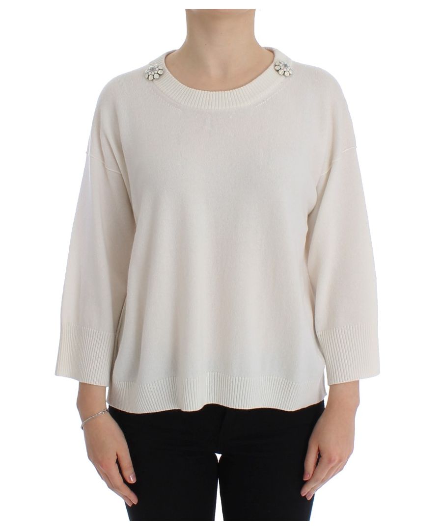 Image for Dolce & Gabbana White Cashmere Floral Pearl Sweater