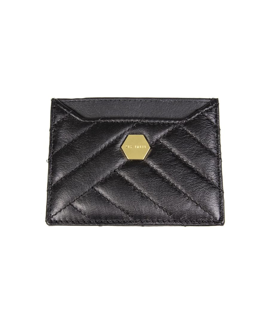 Womens black Ted Baker quilted card purse, manufactured with leather. Featuring: three card sections, quilted design, gold hardware and height 8cm x width 10cm x depth 5mm.