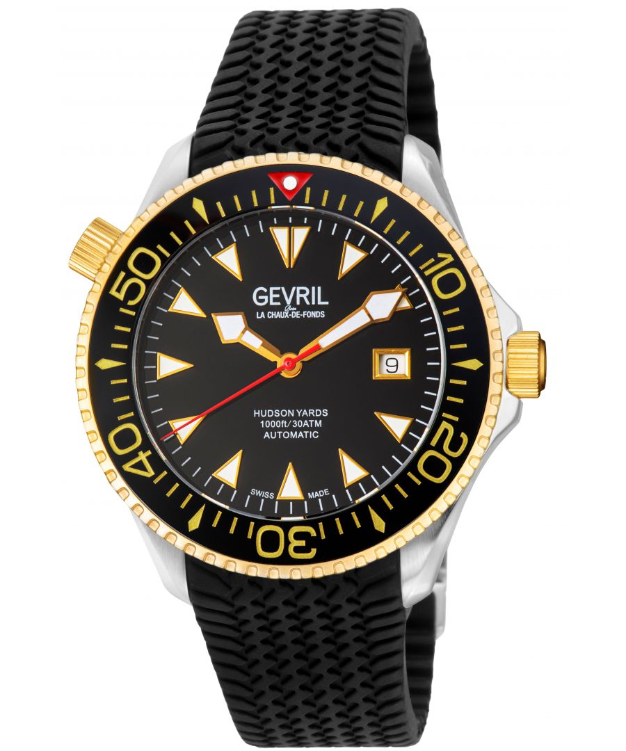 The newest addition to the Divers Collection, Hudson Yards perfectly encapsulates the culture and commerce of Manhattan’s lower west side gated community.  Whether shopping the Yards, dining or diving, the Hudson Yards collection is a winner.  In six unique styles, each timepiece makes a bold statement equally fit for 300 meters below or fine dining above. In classic black or diver blue watch face, gold or silver stainless steel, Hudson Yards is expertly crafted with Gevril’s quintessential automatic Swiss movement. Not only stylish, the collection is water resistant up to 300 meters or 1,000 feet replete with a helium release valve suitable for serious divers.   The train track style bracelet isn’t solely strong form— its function won’t break or bend. In a handsome design including luminous markers and a ceramic rotating bezel, each fortified piece is handcrafted for endurance and showmanship.  Befitting the depths of the ocean or the tables of a Michelin star, Hudson Yards hits the mark.