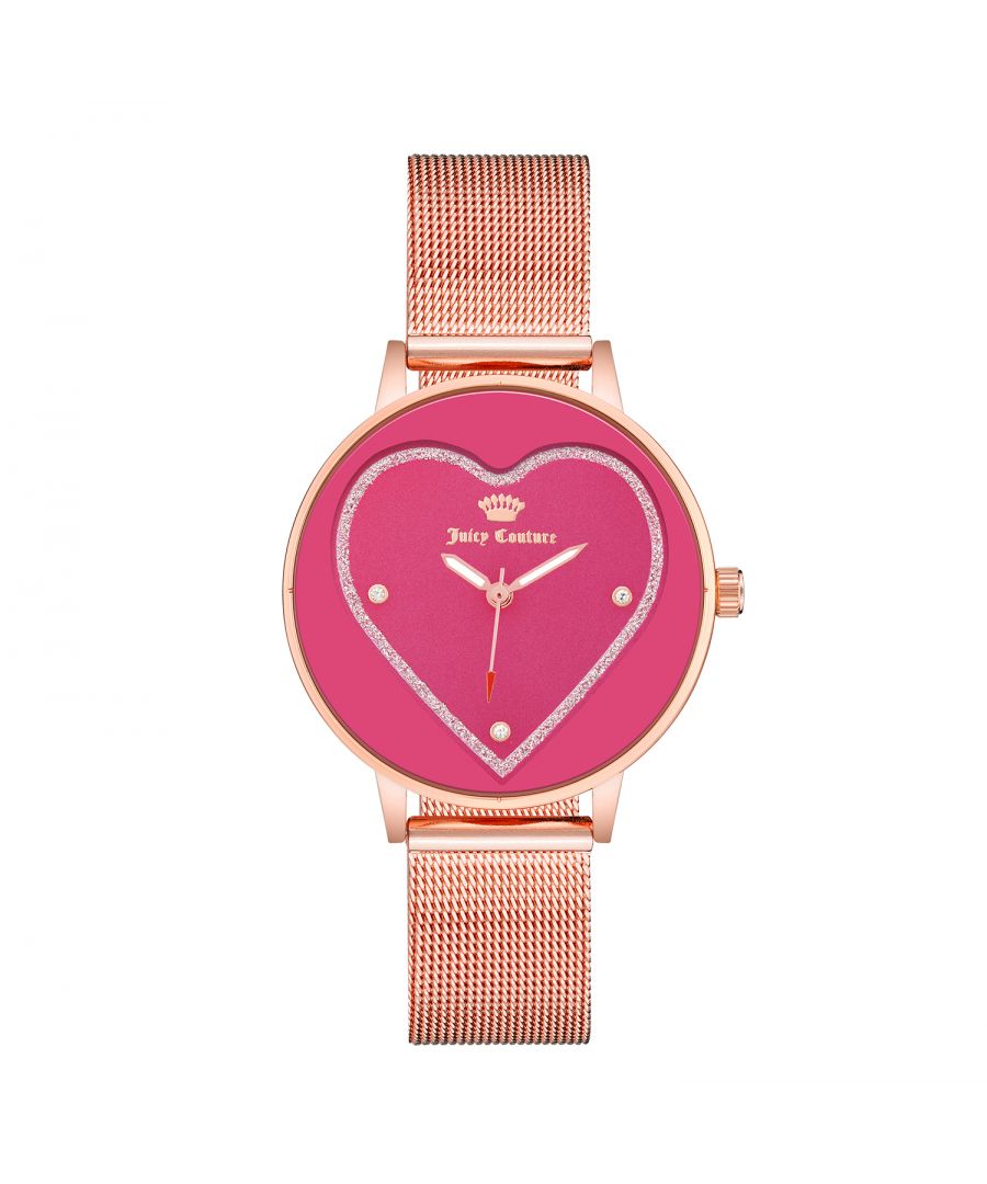 Juicy Couture Watch JC/1240HPRG\nGender: Women\nMain color: Rose Gold\nClockwork: Quartz: Battery\nDisplay format: Analog\nWater resistance: 0 ATM\nClosure: Bangle\nFunctions: No Extra Function\nCase color: Rose Gold\nCase material: Metal\nCase width: 38\nCase length: 38\nFacing: Rhine Stone\nWristband color: Rose Gold\nWristband material: Stainless steel Mesh\nStrap connecting width: 16\nWrist circumference (max.): 24\nShipment includes: Watch box\nStyle: Fashion\nCase height: 8\nGlass: Mineral Glass\nDisplay color: Pink\nPower reserve: No automatic\nbezel: none\nWatches Extra: None