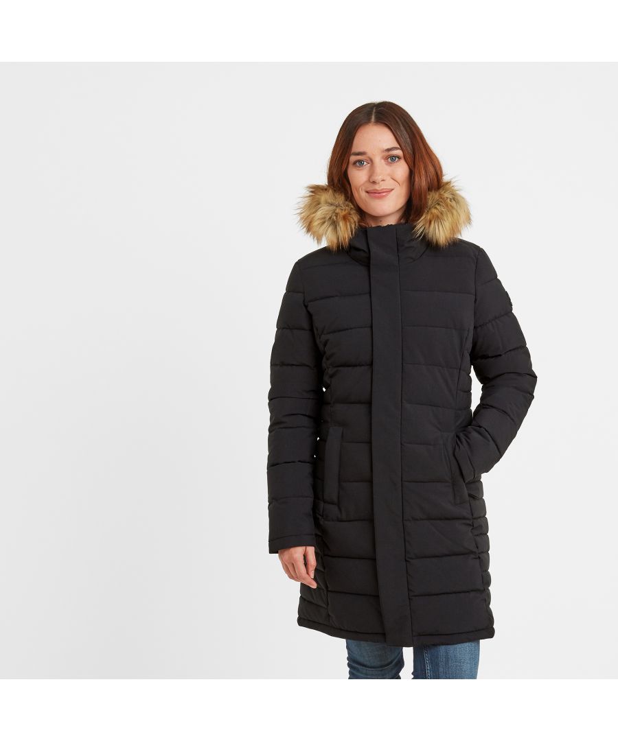 You can embrace chilly days with a smile wearing our Firbeck long length padded jacket. Built to last from hardwearing fabric the gorgeously silky soft faux fur trimmed hood adds a touch of glamour, while the thick, padded quilting shields you from the wind to keep you cosy and warm inside. Cut in a semi-fitted shape, Firbeck is designed to flatter and the fur trim is detachable, so you can change the look depending on the occasion. Thoughtful design details include a concealed front zip that opens at both ends for easy movement and ventilation when you need it and fastens with press studs and a neat Velcro tab . There are also two chunky zip pockets, perfect for safely storing your valuables when you don't want to carry a handbag. Designed in West Yorkshire where we are based, this great value winter coat comes in colours inspired by our local scenery and looks great worn with jeans and boots over a cosy knitted jumper. It is finished with TOG24's embossed rubber Yorkshire Rose badge on the sleeve.
