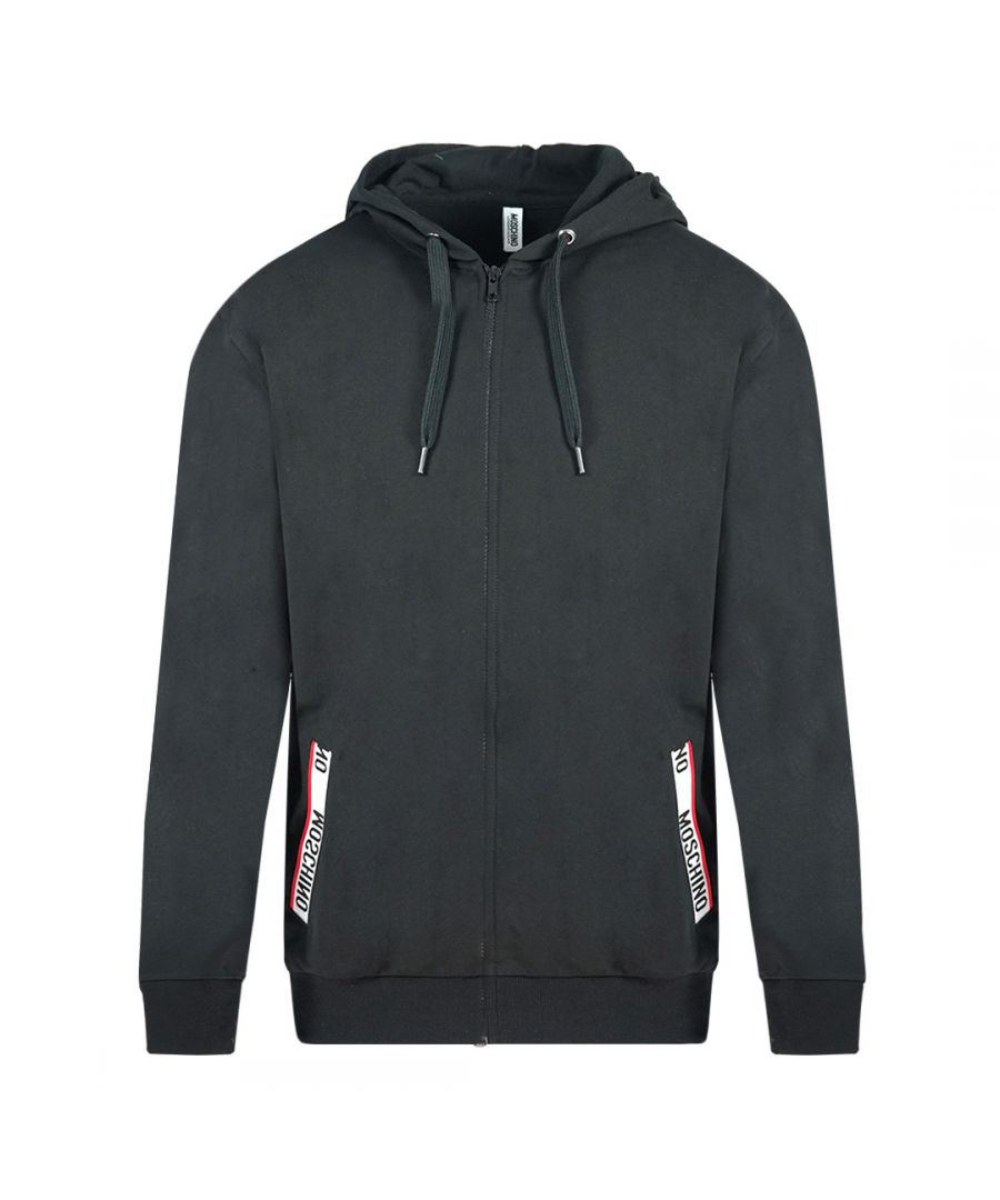 Moschino Tape Design On Pockets Black Zip Hoodie. Moschino Tape Design On Pockets Black Zip Hoodie. Elasticated Sleeve Ends and Waist, Drawstring Hood. Front Zip Closure, Front Pockets. Moschino Branding On Pockets. Style Code: 1A17058106 0555