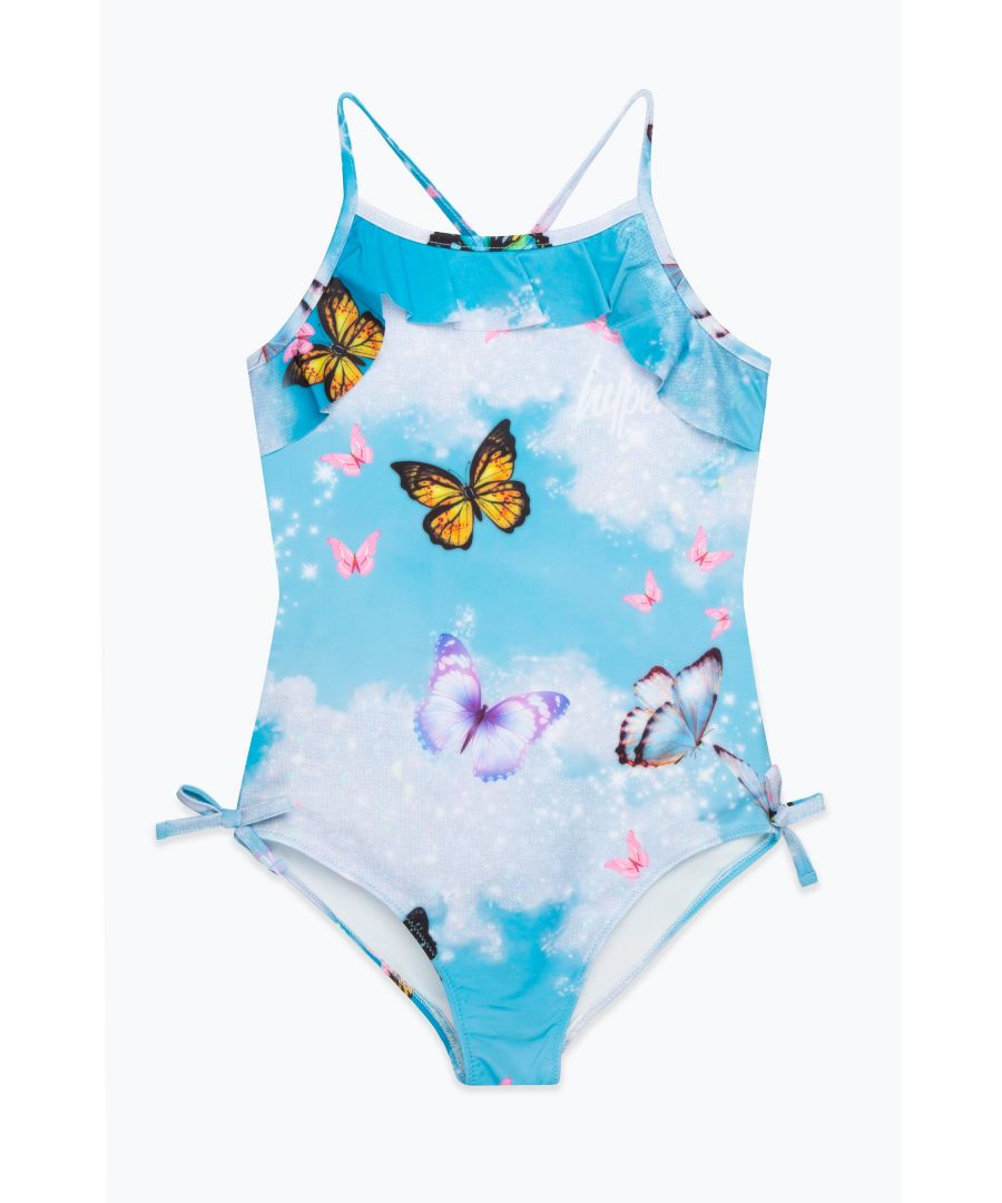 Swim is in. Meet the HYPE. Girls Glitter Butterfly Sky Script Frilly Script Swimsuit, the ultimate girls swimsuit you'll want to wear everyday of summer, autumn, winter and spring. Boasting frill detail, an all-over butterfly sky print, and the iconic HYPE. mini script logo in contrasting white. Wear with HYPE. sliders, swimming goggles and a beach towel in hand. Machine wash at 30 degrees.