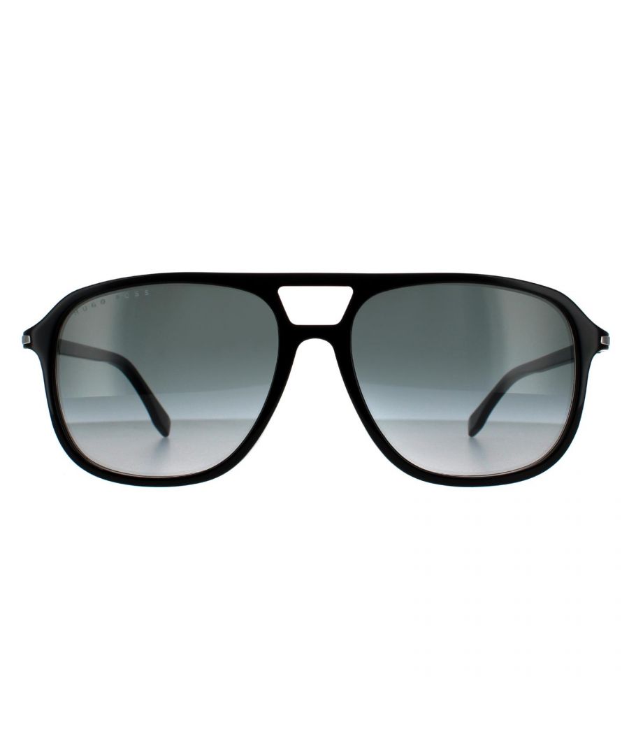 Hugo Boss Aviator Mens Shiny Black Grey Gradient 90041091 Hugo Boss are a large square aviator style crafted from lightweight plastic and features Hugo Boss branding on the temples.