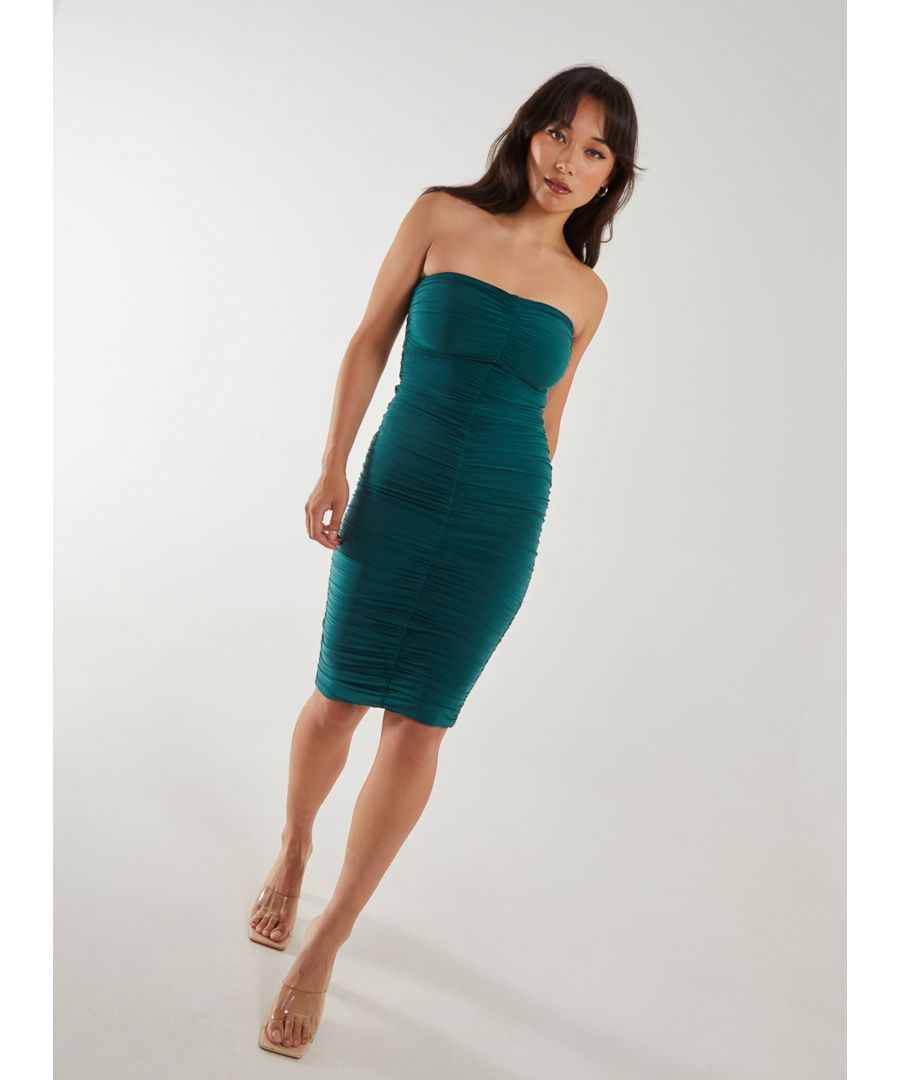 Pink Vanilla Womens Strapless Ruched Slinky Midi Summer Dress - Green Leather - Size 10 UK - Secret Sales