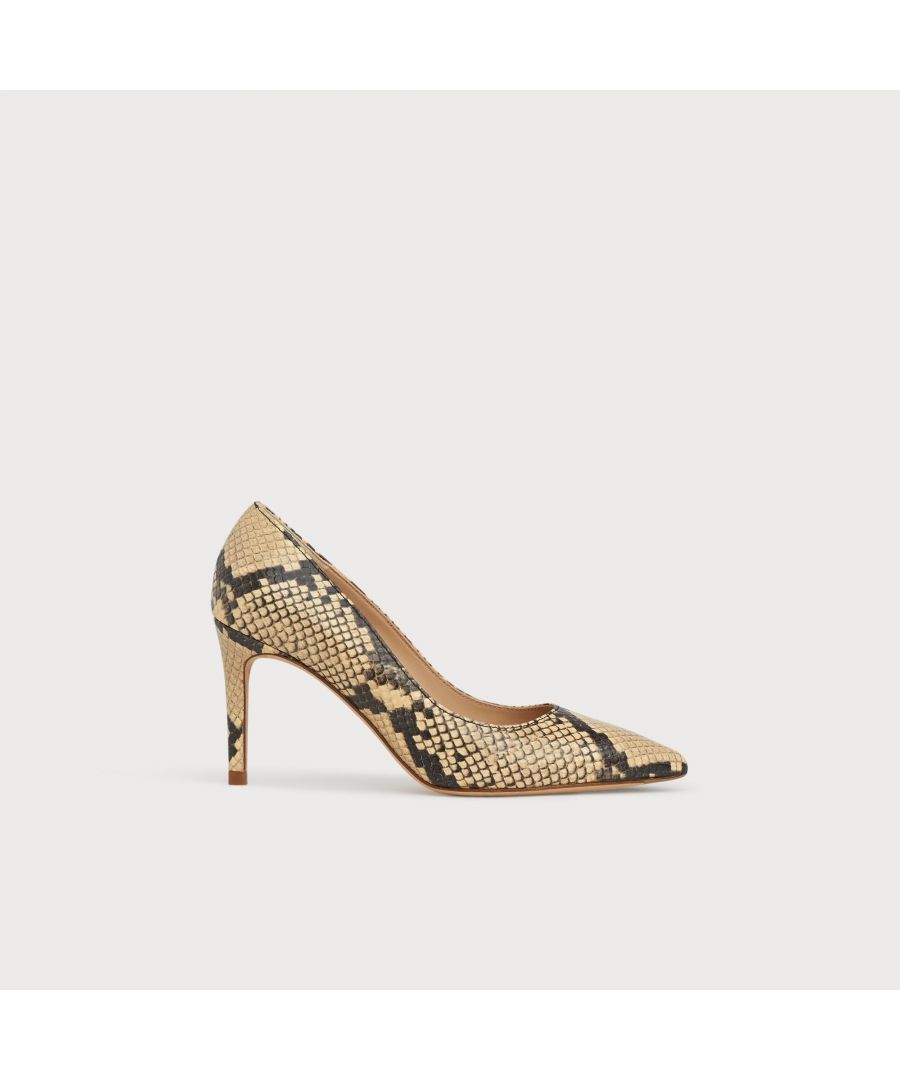 Our Floret courts are sleek and stylish. Crafted in Spain from snake print yellow leather, this L.K.Bennett signature style has a pointed toe, single sole and a slender, 85mm stiletto heel. Perfect day or night, wear Floret with shift dresses or tailored trousers in the office and with something softer and lighter for the evenings and summer occasions.