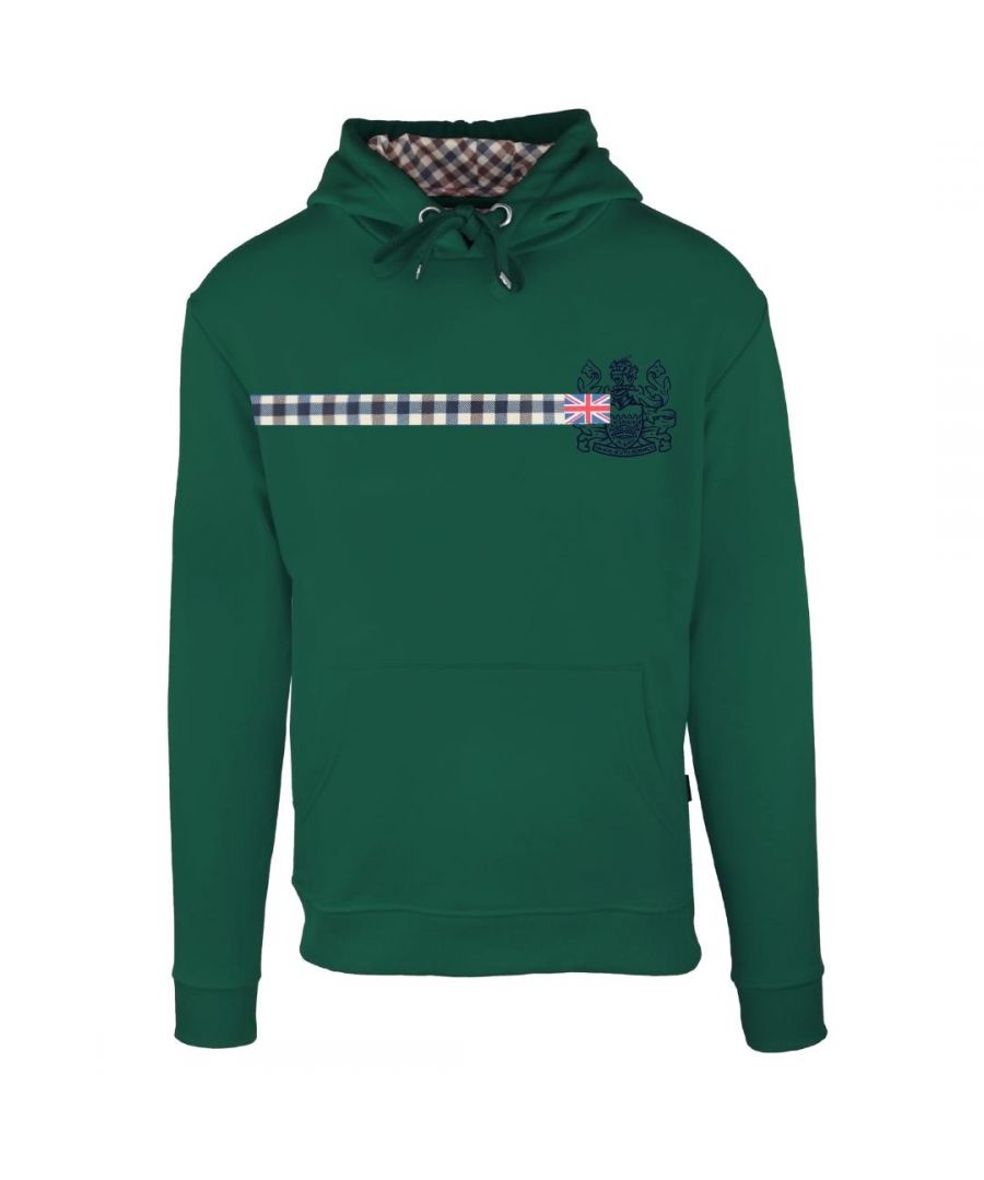Aquascutum Check Stripe Logo groene hoodie. Elastische mouwuiteinden en taille, capuchon met trekkoord. Sweatshirt van 100% katoen, grote kangoeroezak. Normale pasvorm, valt normaal qua maat. Stijlcode: FCIA26 32.
