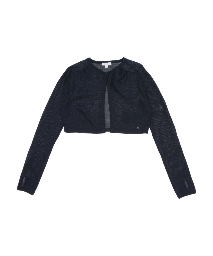 knitted, logo, frills, basic solid colour, round collar, lightweight knitted, long sleeves, front closure, button closing, no pockets, hand-washing recommended, do not dry clean, iron at 110° c max, do not bleach, do not tumble dry