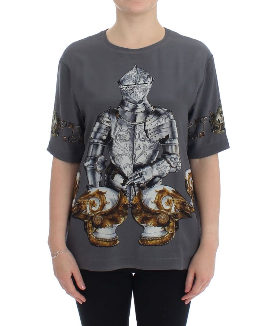 Image for Dolce & Gabbana Gray Knight Crown Print Silk Blouse Top