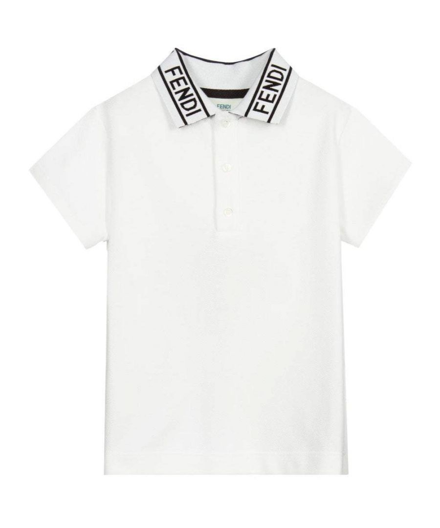 This Fendi white cotton polo shirt has a black intarsia logo print on the collar and has button fastenings on the front.