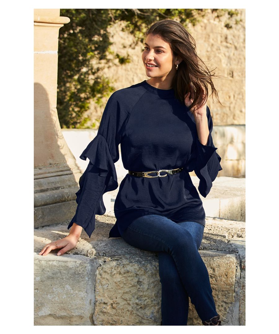 REASONS TO BUY: \n\nBecause our navy tops are anything but boring\nRuffle sleeves for a statement silhouette\nFlattering longline hem\nSo easy to wear - just throw on and go\nAdd a belt to show off your waist\nWear it with skinny jeans and bold ankle boots