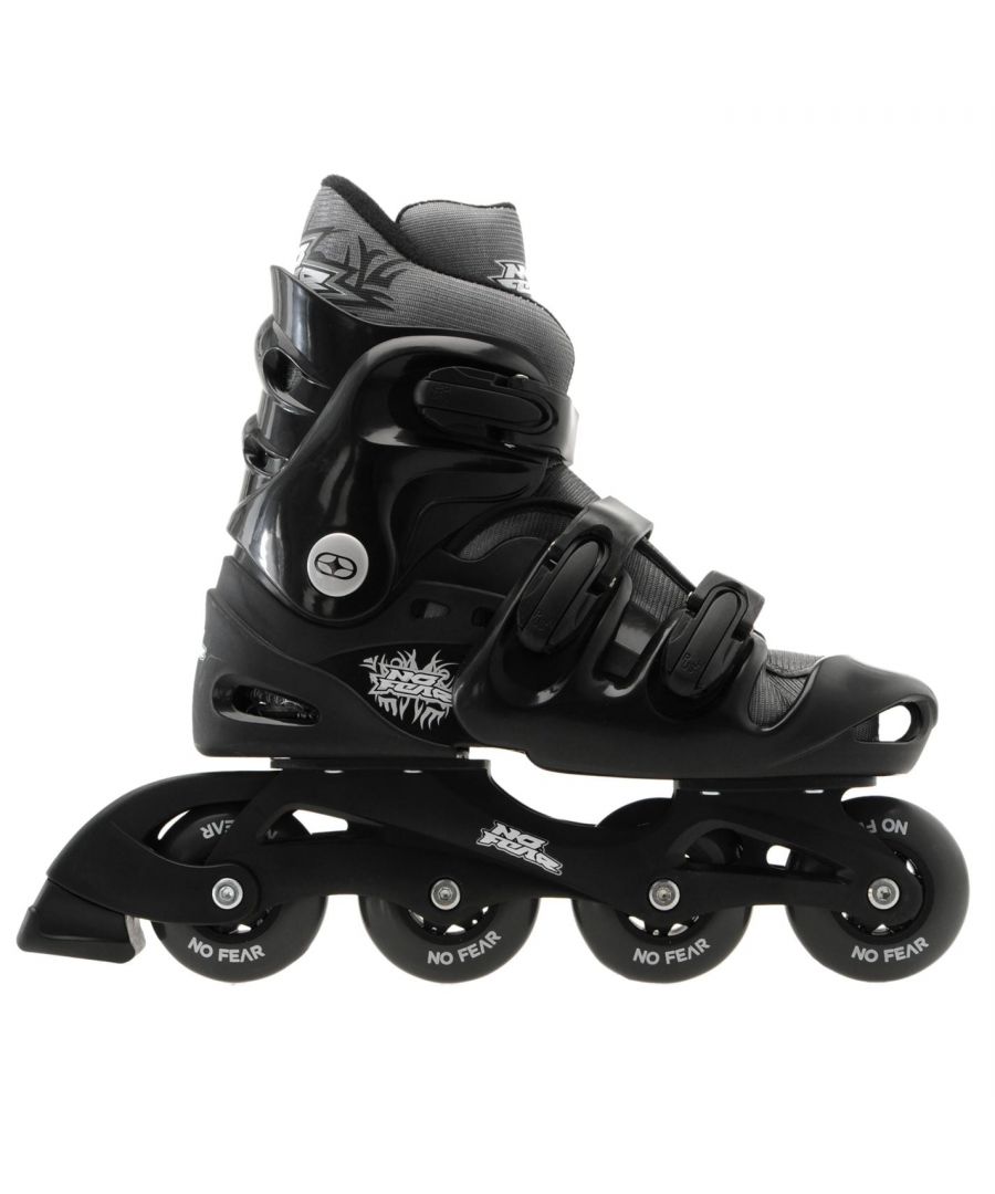 No Fear Inline Skate - The No Fear Inline Skates are great skate for any beginner and someone wanting to get into skating this year. Featuring a three clasp fastening and separate inner liner these offer great comfort and support for when skating.  > Skates > PP boot chassis > Quick lock buckles > Heel stop brake (right boot only) > Push button size adjustment > 72mm PVC wheels > 608z bearings > Upper and Sole: synthetic, Inner: textile > Min user weight: 20kg > Max user weight: 60kg