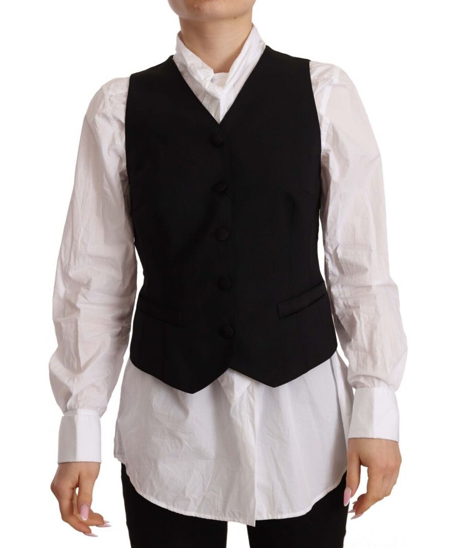 DOLCE & GABBANA\nGorgeous brand new with tags, 100% Authentic waistcoat. Features a front button fastening.\nModel: Vest Top\nMaterial: 50% Viscose 48% Virgin Wool 2% Elastane\nColour: Black\nLogo details\nMade in Italy