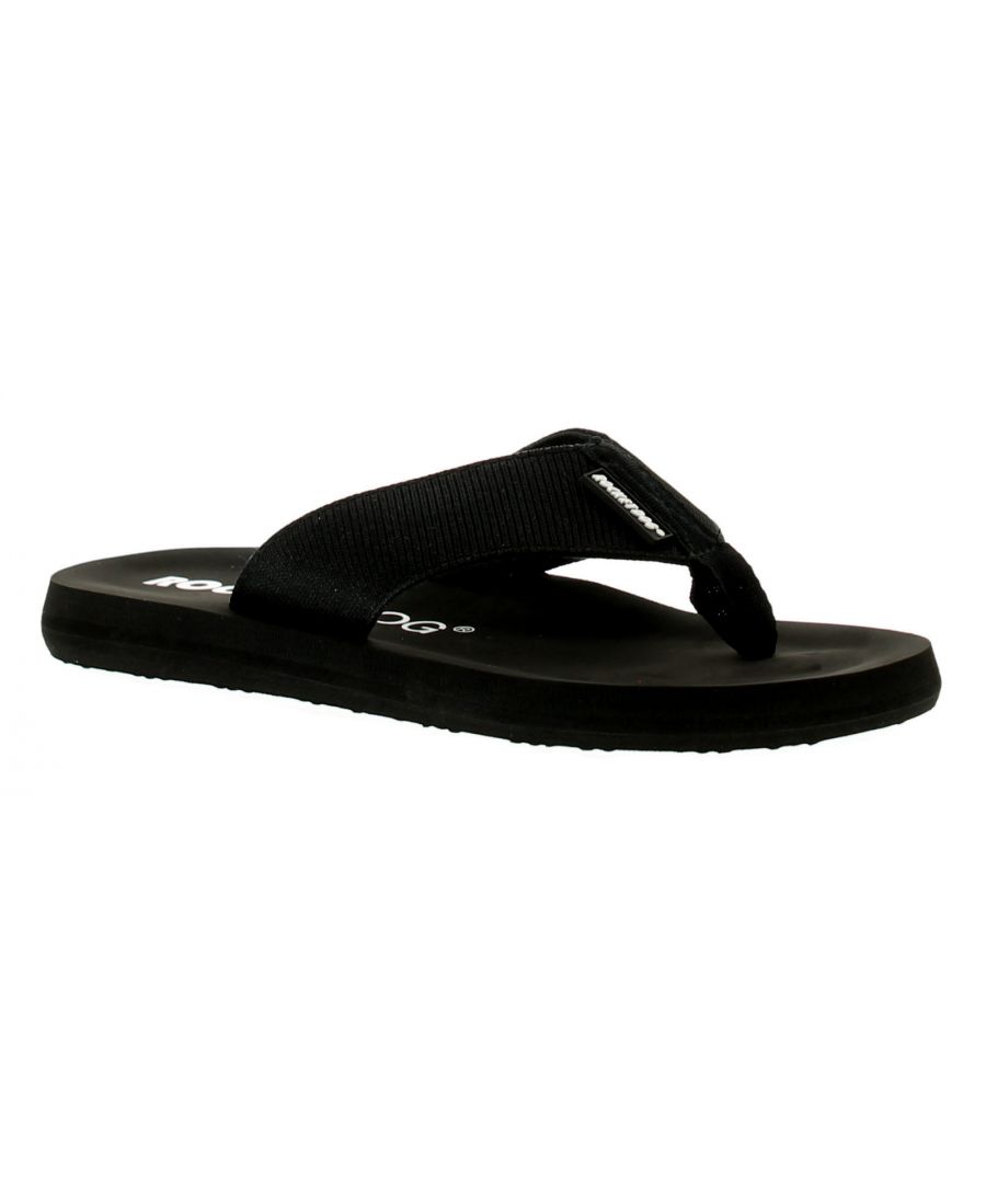 Rocket Dog Adios Women's Flip Flops in Black Odyssey. Fabric Upper. Manmade Lining. Synthetic Sole. Ideal Flip Flops for Summer Holidays.