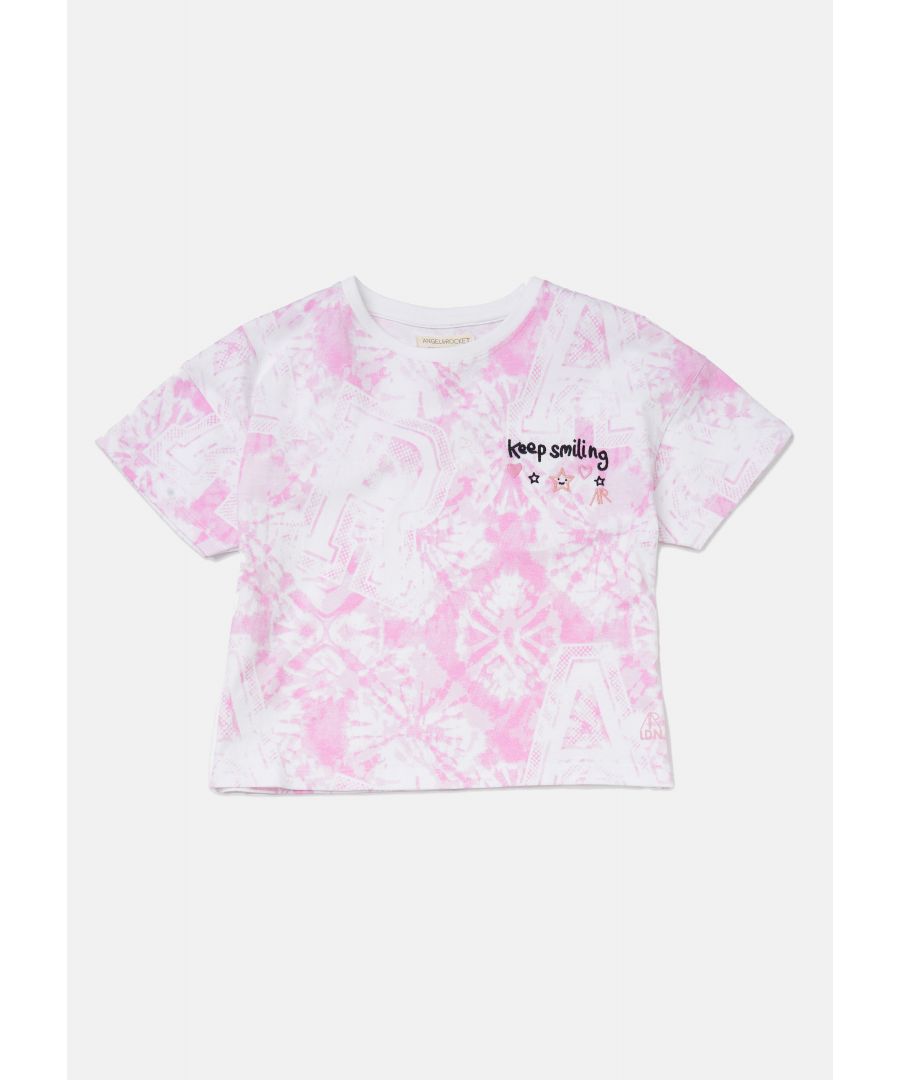 Girls. Update your summer wardrobe with this pink tie dye cotton T-shirt  with a chest embroidery to make you smile.  Model wears 8y  she is 10 years old and 136cm tall.  Colour: Pink  About Me: 100% Cotton  Look after me: Think planet  wash at 30c  Angel & Rocket cares - made with Fairtrade cotton