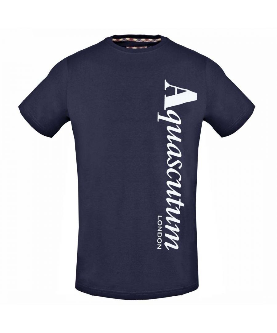 Aquascutum Vertical Logo Navy Blue Tee. Crew Neck T-Shirt, Short Sleeves. Stretch Fit 95% Cotton 5% Elastane. Regular Fit, Fits True To Size. Style TSIA18 85