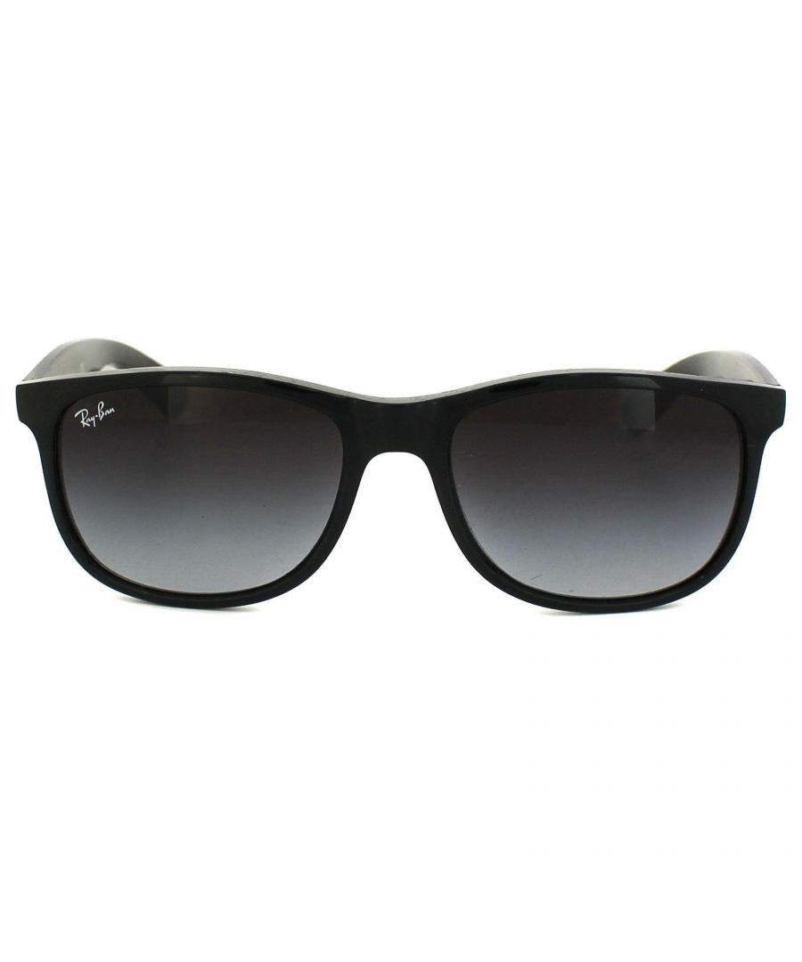 Ray-Ban Sunglasses Andy 4202 601/8G Black Grey Gradient taken from the young collection this is a reworked aviator style with a futuristic shape, gummy textured finish and a really curvy shape that wraps a bit, dips a bit and sweeps a bit for sensational style and on trend looks.