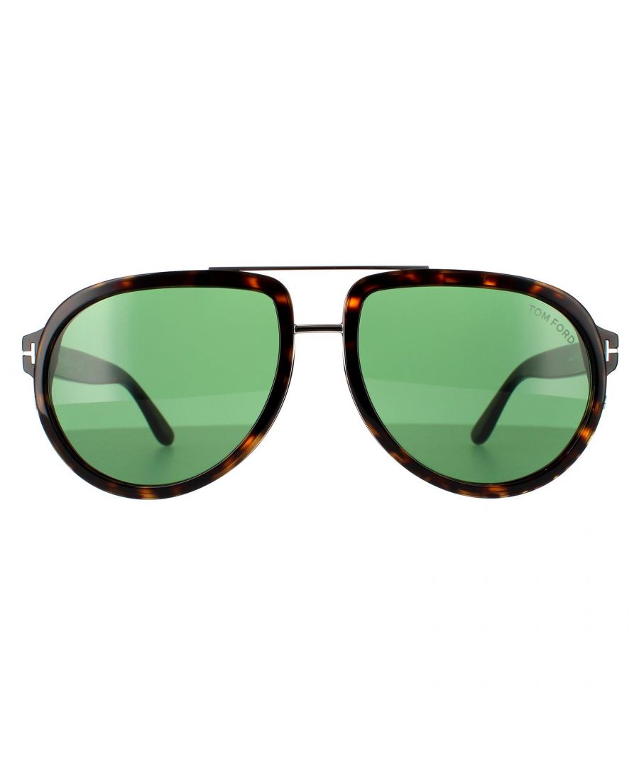 Tom Ford Aviator Mens Dark Havana Green Sunglasses Geoffrey FT0779 are a aviator style made from premium acetate and feature a thin metal bridge above the nose for a nice design touch. The signature 'T' piece appears on the temples and the Tom Ford logo can be seen on the temple tips for authenticity