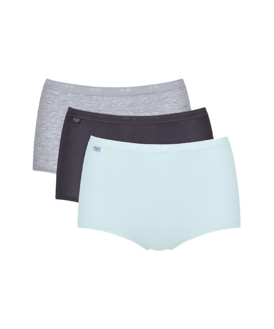 Sloggi Basic+ Premium Comfort Maxi Briefs. These comfortable high waist briefs comes in a pack of 3, each in different colours. The elasticed waist band has a floral print with scalloped elastic and the brief is finished with a fold over Sloggi tag on the waist band.