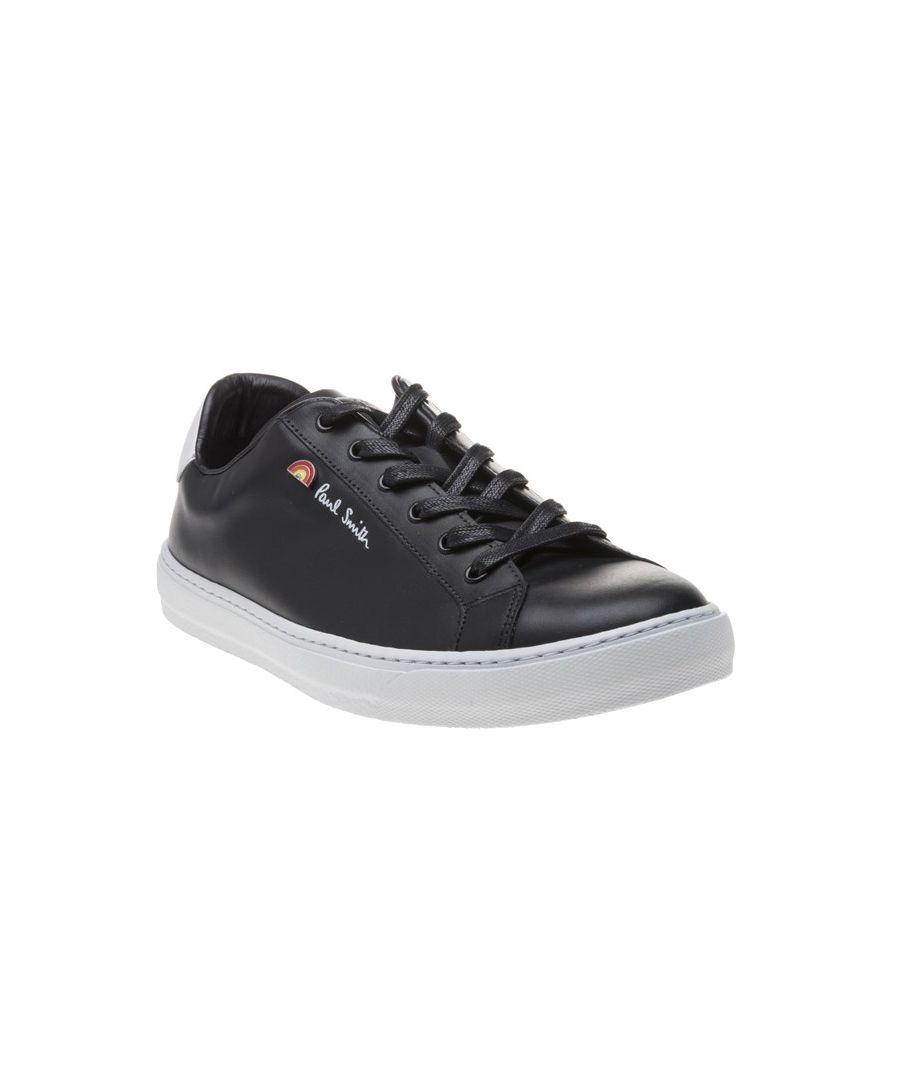 The Perfect Blend Of Smart And Casual, The Hansen Mens Trainer From Paul Smith Mainline Will Be A Versatile Addition To Your Wardrobe. Crafted From Black Leather And Cutting A Sleek Silhouette, This Round Toe Lace Up Is Finely Finished With A Fresh White Cupsole And Rainbow Pin Badge Detail.
