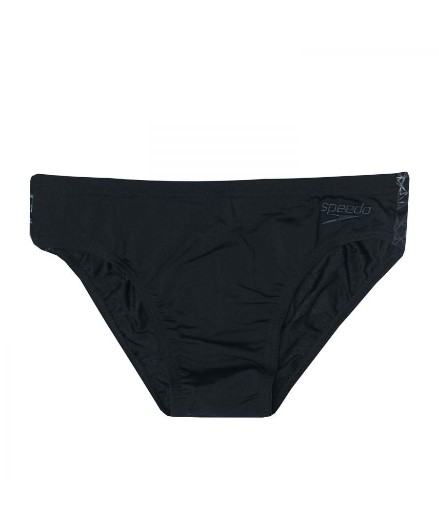 Mens Speedo Boomstar Splice 7cm Swim Brief in black grey.- Drawstring waist.- Quick dry - Dries faster after your swim workout.- 100% chlorine resistant  Endurance+ fabric.- New Boomstar print in tones.- Iconic Speedo branding.- Body: 53% Polyester  47% PBT Polyester. Lining: 100% Polyester.  Machine washable.- Ref: 8124209023