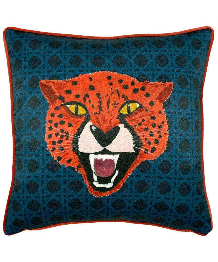 Make a statement with this fierce cushion, vibrant coral cheetahs pop from a background of blue tropics peppered on a tonal rattan design. Coordinate with the Untamed Duvet Cover Set.