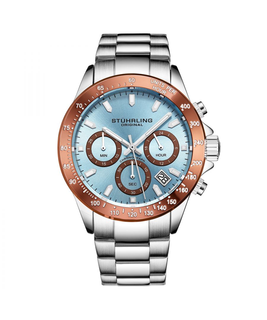 Men's Quartz Chronograph Date Watch, Silver Case, Light Blue Dial, Stainless Steel Bracelet