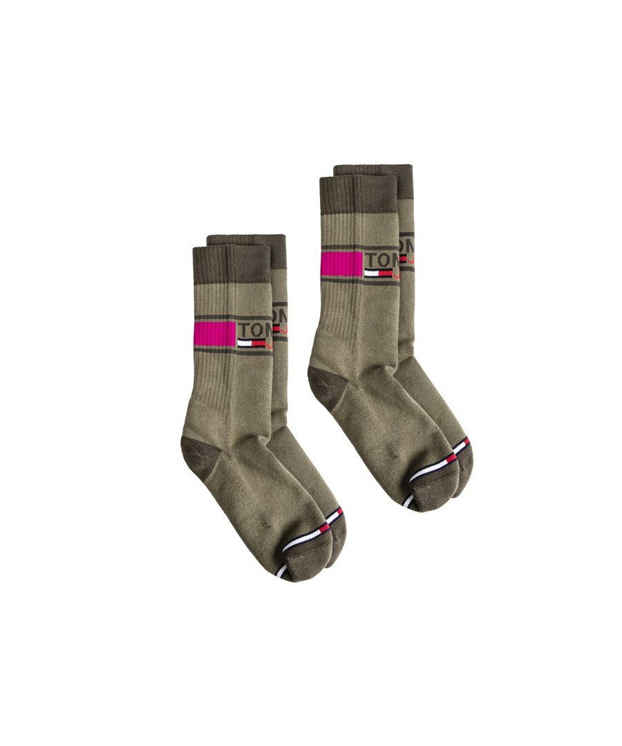 Mens green Tommy Hilfiger 2 pack crew trainer socks, manufactured with cotton. Featuring: twin pack, woven branding, calf height, medium fits uk 6-8 and large fits uk 9-11.