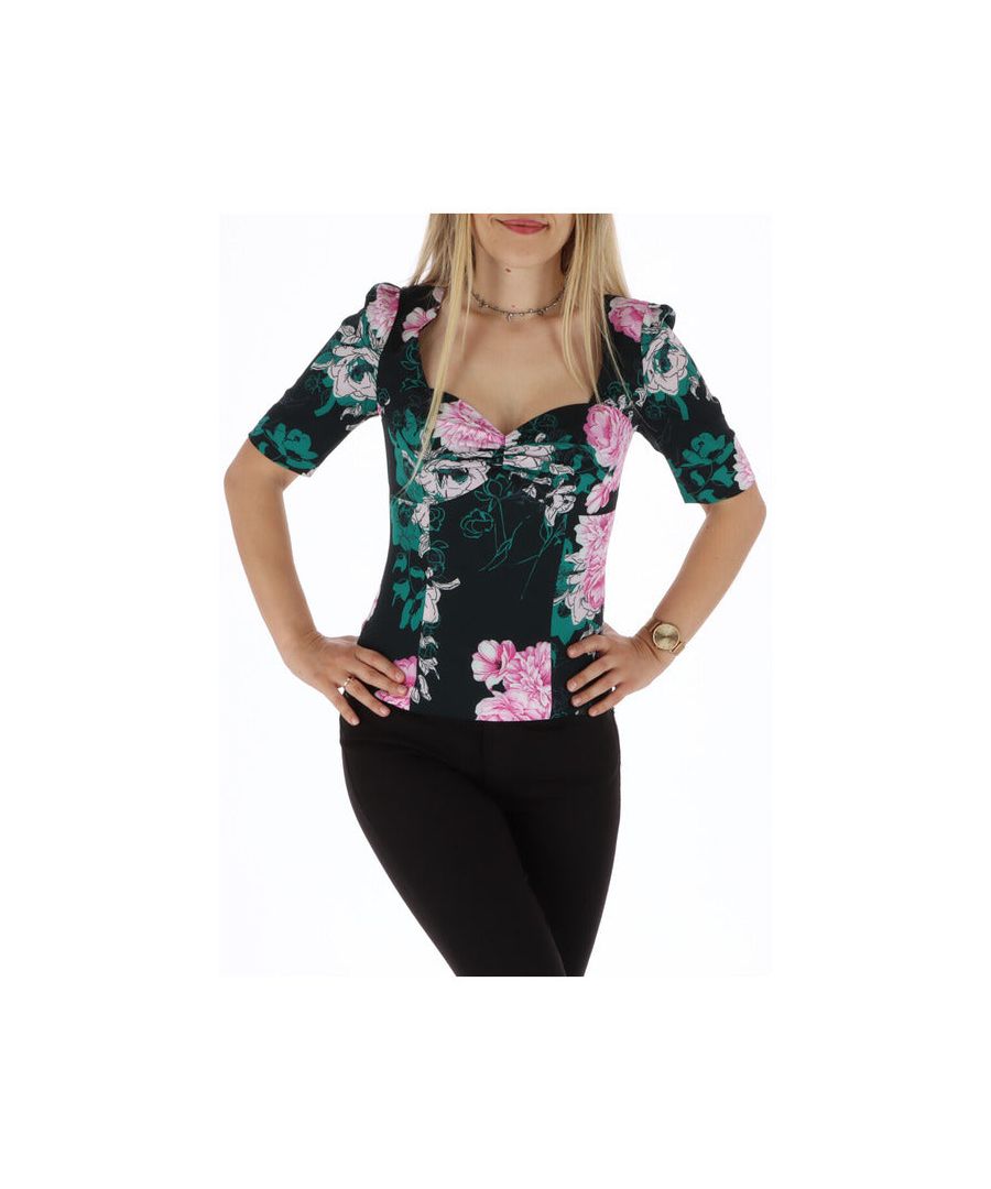 Brand: Guess Gender: Women Type: Tops Season: Spring/Summer  PRODUCT DETAIL: Color: Black. Pattern: Floral. Fastening: With zip. Sleeves: Short. Neckline: Square neckline. Article code: W0YH47WCUL0  COMPOSITION AND MATERIAL: Composition: 12% Elastane, 88% Polyester. Washing: Machine wash at 30°