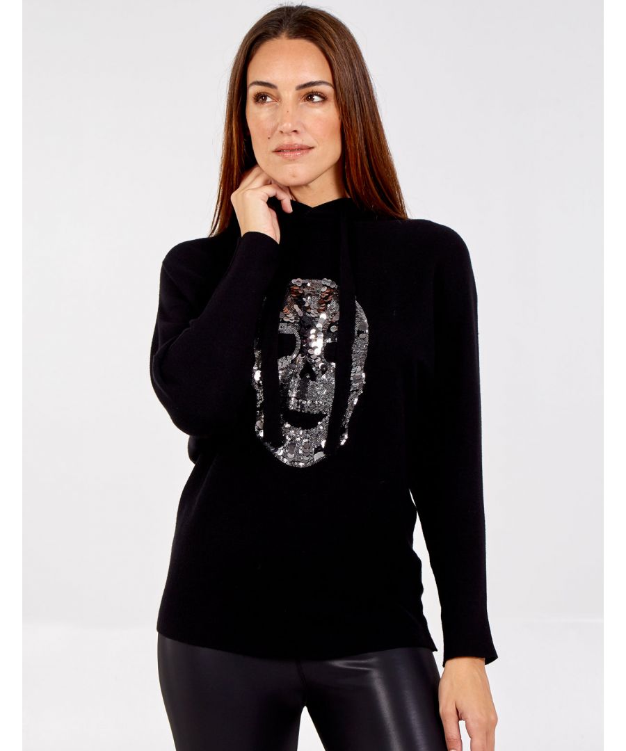 This hooded jumper is all about comfort and style. Made from a super soft knit fabric and features an embellished sequin skull design. Wear this jumper with skinny blue jeans and sneakers for day to day casual glam. , \n50% viscose, 28% polyester, 22% Nylon, Hand wash, Round necklineLong sleeve, Approx length 61 cm , Unfastened