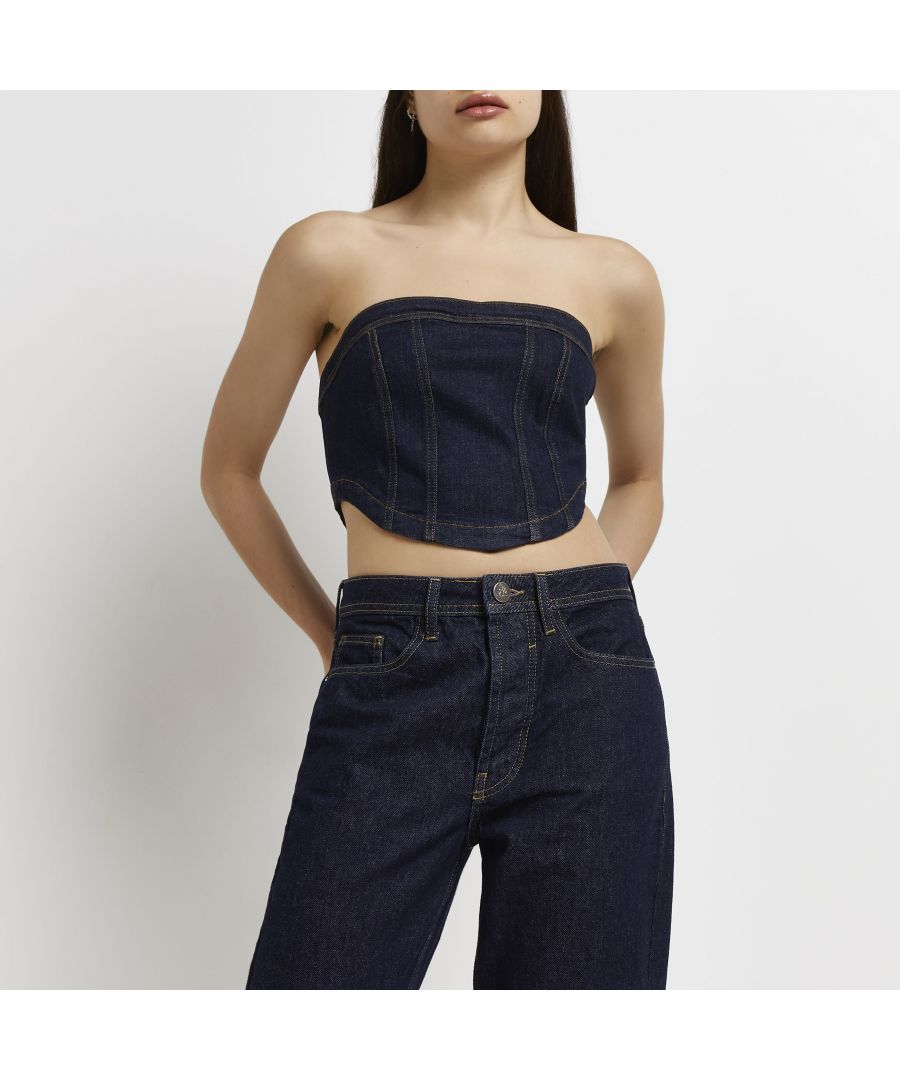 > Brand: River Island> Department: Women> Colour: Denim> Type: Corset> Material Composition: 91% Cotton 7% Elastomultiester 2% Elastane> Material: Cotton> Neckline: Off the Shoulder> Sleeve Length: Sleeveless> Pattern: No Pattern> Occasion: Casual> Season: AW21