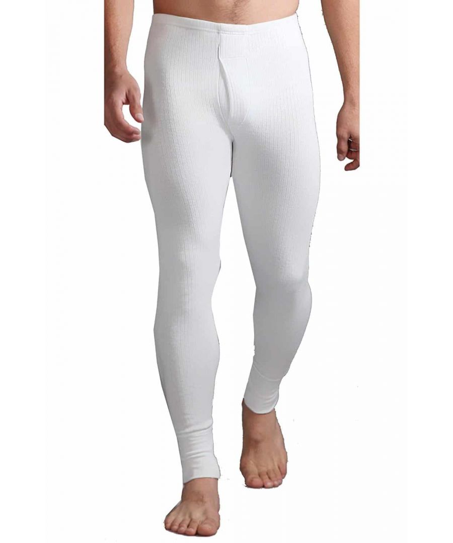 Men's Thermal Underwear Bottoms  Heat Holders thermal construction holds more warm air close to the skin, keeping you warmer for longer. This set of thermal underwear is the perfect set for layering, as of its easily fitting design for under your clothes for a smooth slim-fitting thermal base layer for the colder days where one layer isn't enough! This thermal underwear set has a TOG rating of 0.45, adding that crucial extra layer of warmth. The higher the TOG the better the garment will keep you warm.  The ribbed construction of this thermal underwear has been designed so that it effortlessly shapes to the bodies natural contours - helping to provide the best fit possible making it hardly noticeable under your clothing. The base layer is made of a cotton-rich blend, which gives you the most natural softness and warmth for all-day wear. This bottoms part to the set has an elasticated waistband, meaning it has an ease of fit.  The thermal underwear set comes in 2 colours (Grey and White), and there are matching tops also available in separate listings. We also offer women's sizes/colours.  Extra Product Details  - Thermal Long Johns - 4 Sizes - 2 Colours - Super soft & comfortable - Ribbed construction - Cotton Rich - Elastic Waistband - Extra warm - 0.45 TOG - Shirts also available