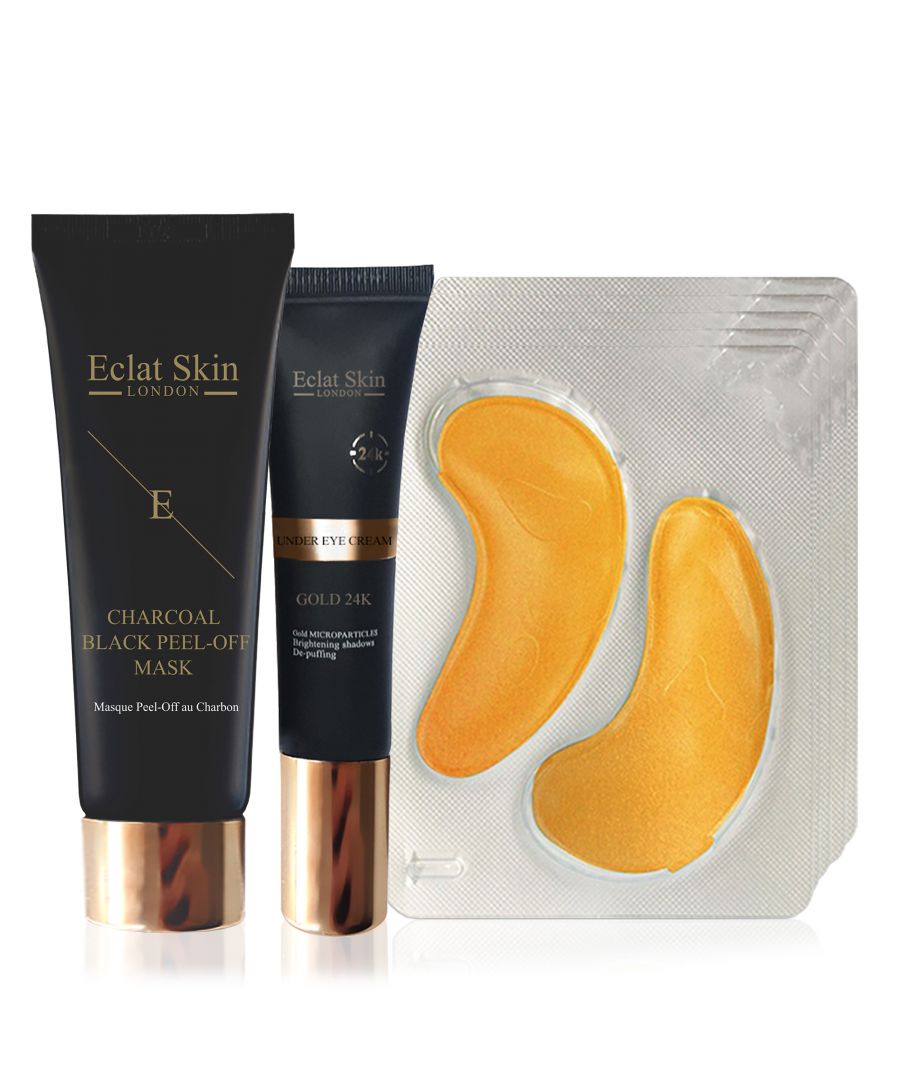 Eclat Skin London Gold 24K Under Eye Cream aims to smoothen the look of fine lines and wrinkles in the eye area. Smooth creamy texture absorbs quickly and leaves the eye area looking revitalised and soft. Activated with 24K Carat Gold and Vitamin A.\n\nKey Ingredients:\n\n24 K - CARAT GOLD\nGold has been used in skincare from Egyptian times, it is said that Cleopatra used to sleep with a gold mask. Gold is a true anti-ageing ingredient as it is anti-oxidant that protects, balances and calms the skin as well as aims to brighten and firm.\n\nMACADAMIA OIL & ARGAN OIL\nMacadamia and Argan oils are both lightweight quickly absorbing oils with great fatty acids ratio that moisturises the skin and boosts skin softness.\n\nVITAMIN-A / RETINYL PALMITATE\nRetinyl palmitate is the the ester of retinol (vitamin A) combined with palmitic acid, a saturated fatty acid. Retinyl palmitate is considered a less irritating form of retinol, and a gentler ingredient on sensitive skin. It has similar effect to Retinol that is known to be one of the best anti-ageing skincare ingredients in the world. It has an effect of repeatedly shedding the upper dermal layer forces the skin to produce new cells, this aims to boost skin renewal and smoothens the look of wrinkles.\n\nUSAGE : Squeeze pea size amount to your ring finger and gently dap around the eye area. Continue with Londonâ€™s Anti-Wrinkle Elixir Serum 24K Gold and Eclat Skin London Gold 24K Anti-Wrinkle Cream\n\nEclat Skin Londonâ€™s Gold Under Eye Patch aims to illuminate and smooth your eye\narea. Infused with Gold, we aim to reduce the visible signs of fatigue under the eye, giving you a radiant-looking complexion. The eye pads are filled with serum that feels cool to the skin and is full of moisture.\n\nKey Ingredients:\n\n24 K - CARAT GOLD\nGold has been used in skincare from Egyptian times, it is said that Cleopatra used to sleep with a gold mask. Gold is a true anti-ageing ingredient as it is anti-oxidant that protects, balances and calms the skin as well as aims to brighten and firm.\n\nPROVITAMIN B5\nProvitamin B5 aims to retain and preserve moisture. Provitamin B5 protects the skinâ€™s barrier and helps the skin to retain its moisture levels and shield it from irritation. By applying a product with Provitamin B5, you will maximise your skinâ€™s hydration while improving its softness and elasticity.\n\nGLYSERIN\nGlycerin mimics whatâ€™s known as skinâ€™s natural moisturising factor (NMF), which is why itâ€™s compatible with all skin types, of all ages. It also helps the skin to shield from environmental sources of irritation and aims to Improve skinâ€™s resiliency and youthful look.\n\nDirections for use: Apply each pad to the underside of each eye. Leave for 10-15 minutes. Remove and gently massage in any residue. Do not re-use the pads. Use weekly.\nEclat Skin Londonâ€™s Purifying Black Peel-Off Mask aims to purify, cleanse and retextures the top layer of the skin. Containing natural bamboo charcoal and white peony root extract this peel of mask is a great treatment for dull, tired looking skin with imperfections. The formula is sticky black gel that is easy to apply even layer to the skin.\n\nKey Ingredients:\n\nBAMBOO CHARCOAL\nBamboo Charcoal has a long history of use first documented in China in 1486 AD, during the Ming Dynasty. The Activated Bamboo Charcoal is so fine that it can act like a magnet to capture and trap toxins and excess oil by adhering them to itself.Â \n\nWHITE PEONY ROOT EXTRACT\nWhite Peony root extract aims to sooth and moisturise the skin. It is anti-bacterial and works to promote skin healing.\n\nGLYCERIN\nGlycerin mimics whatâ€™s known as skinâ€™s natural moisturising factor (NMF), which is why itâ€™s compatible with all skin types, of all ages. It also helps the skin to shield from environmental sources of irritation and aims to Improve skinâ€™s resiliency and youthful look.\n\nDirections for use: Apply thick opaque even layer to clean, dry skin. Avoid eye area, eyebrows, hairline and lips. Leave on for 15 - 30 minutes or until completely dry. Peel off from the edges gently. Use once or twice a week.