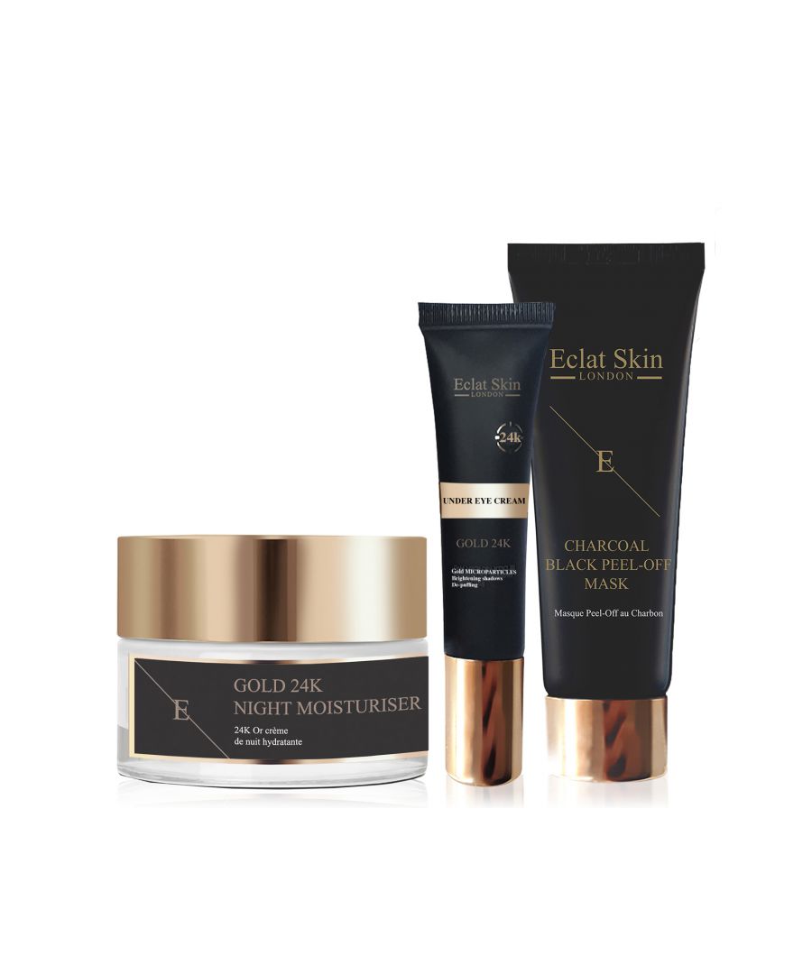 ANTI WRINKLE CREAM 24K GOLD 50ml\n\nEclat Skin Londonâ€™s Anti-Wrinkle Cream aims to boost skin renewal and smoothen the look of fine lines and wrinkles. The cream has a luxurious nourishing creamy and lightweight texture that absorbs easily. Activated with 24K Gold and Vitamin A.\n\nKey Ingredients:\n\n24 K - CARAT GOLD\nGold has been used in skincare from Egyptian times, it is said that Cleopatra used to sleep with a gold mask. Gold is a true anti-ageing ingredient as it is anti-oxidant that protects, balances and calms the skin as well as aims to brighten and firm.\n\nVITAMIN-A / RETINYL PALMITATE\nRetinyl palmitate is the the ester of retinol (vitamin A) combined with palmitic acid, a saturated fatty acid. Retinyl palmitate is considered a less irritating form of retinol, and a gentler ingredient on sensitive skin. It has similar effect to Retinol that is known to be one of the best anti-ageing skincare ingredients in the world. It has an effect of repeatedly shedding the upper dermal layer forces the skin to produce new cells, this aims to boost skin renewal and smoothens the look of wrinkles.\n\nMACADAMIA OIL & ABYSSINIAN OIL\nMacadamia and Abyssinian oils are both lightweight quickly absorbing oils with great fatty acids ratio that moisturises the skin and boosts skin softness.\n\nUSAGE: Apply pea-sized amount of the cream on cleansed face, neckline and neck in the morning. Continue with Eclat Skin Londonâ€™s Gold 24K Anti-Wrinkle Eye Cream. For best results use with Eclat Skin Londonâ€™s Anti-Wrinkle Elixir Serum 24K Gold.\n\n\nGOLD 24K UNDER EYE CREAM 15ml\n\nEclat Skin London Gold 24K Under Eye Cream aims to smoothen the look of fine lines and wrinkles in the eye area. Smooth creamy texture absorbs quickly and leaves the eye area looking revitalised and soft. Activated with 24K Carat Gold and Vitamin A.\n\nKey Ingredients:\n\n24 K - CARAT GOLD\nGold has been used in skincare from Egyptian times, it is said that Cleopatra used to sleep with a gold mask. Gold is a true anti-ageing ingredient as it is anti-oxidant that protects, balances and calms the skin as well as aims to brighten and firm.\n\nMACADAMIA OIL & ARGAN OIL\nMacadamia and Argan oils are both lightweight quickly absorbing oils with great fatty acids ratio that moisturises the skin and boosts skin softness.\n\nVITAMIN-A / RETINYL PALMITATE\nRetinyl palmitate is the the ester of retinol (vitamin A) combined with palmitic acid, a saturated fatty acid. Retinyl palmitate is considered a less irritating form of retinol, and a gentler ingredient on sensitive skin. It has similar effect to Retinol that is known to be one of the best anti-ageing skincare ingredients in the world. It has an effect of repeatedly shedding the upper dermal layer forces the skin to produce new cells, this aims to boost skin renewal and smoothens the look of wrinkles.\n\nUSAGE : Squeeze pea size amount to your ring finger and gently dap around the eye area. Continue with Londonâ€™s Anti-Wrinkle Elixir Serum 24K Gold and Eclat Skin London Gold 24K Anti-Wrinkle Cream\n\nPURIFYING BLACK PEEL-OFF MASK 50ml\n\nEclat Skin Londonâ€™s Purifying Black Peel-Off Mask aims to purify, cleanse and retextures\nthe top layer of the skin. Containing natural bamboo charcoal and white peony root extract this peel of mask is a great treatment for dull, tired looking skin with imperfections. The formula is sticky black gel that is easy to apply even layer to the skin.\n\nKey Ingredients:\n\nBAMBOO CHARCOAL\nBamboo Charcoal has a long history of use first documented in China in 1486 AD, during the Ming Dynasty. The Activated Bamboo Charcoal is so fine that it can act like a magnet to capture and trap toxins and excess oil by adhering them to itself.Â \n\nWHITE PEONY ROOT EXTRACT\nWhite Peony root extract aims to sooth and moisturise the skin. It is anti-bacterial and works to promote skin healing.\n\nGLYCERIN\nGlycerin mimics whatâ€™s known as skinâ€™s natural moisturising factor (NMF), which is why itâ€™s compatible with all skin types, of all ages. It also helps the skin to shield from environmental sources of irritation and aims to Improve skinâ€™s resiliency and youthful look.\n\nDirections for use: Apply thick opaque even layer to clean, dry skin. Avoid eye area, eyebrows, hairline and lips. Leave on for 15 - 30 minutes or until completely dry. Peel off from the edges gently. Use once or twice a week.