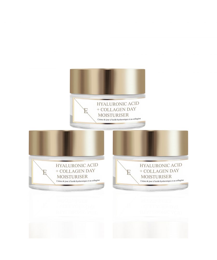 3 x HYALURONIC ACID AND COLLAGEN DAY CREAM 50ml\n\nThis anti-ageing day cream contains hydration boosting Hyaluronic Acid and Collagen Amino acids. The cream aims to smoothen the look of dehydration lines for youthful plump and nourished looking complexion.\n\nKey Ingredients:\n\nHYALURONIC ACID\nHyaluronic Acid is naturally found in our skin, as we age our body's natural production of hyaluronic acid slows down. Hyaluronic acid is a key element making the skin looking plump and youthful as it hold moisture 1000 times its own weight. Our hyaluronic acid is called Sodium Hyaluronate and it is smaller size of hyaluronic acid that is able to penetrate and hydrate more deeper levels of the skin than normal hyaluronic acid.\n\nCOLLAGEN AMINO ACIDS\nCollagen is naturally found in our skin and as we age the production of collagen slows down. As an skincare ingredient collagen aims to boost plumpness and the look of the skin by bringing moisture and hydration to the skin.\n\nSWEET ALMOND OIL\nSweet almond oil is high in natural fatty acids and it nourishes and keeps skin moisturised.\n\nGREEN TEA LEAF EXTRACT\nGreen tea leaf extract is powerful antioxidant that protects the skin from free radical damage and so aims to contribute to prevention of the signs of premature ageing.\n\nPROVITAMIN B5\nProvitamin B5 aims to retain and preserve moisture. Provitamin B5 protects the skinâ€™s barrier and helps the skin to retain its moisture levels and shield it from irritation. By applying a product with Provitamin B5, you will maximise your skinâ€™s hydration while improving its softness and elasticity.\n\nDirections for use: Apply pea-sized amount of the cream on cleansed face, neckline and neck in the morning.