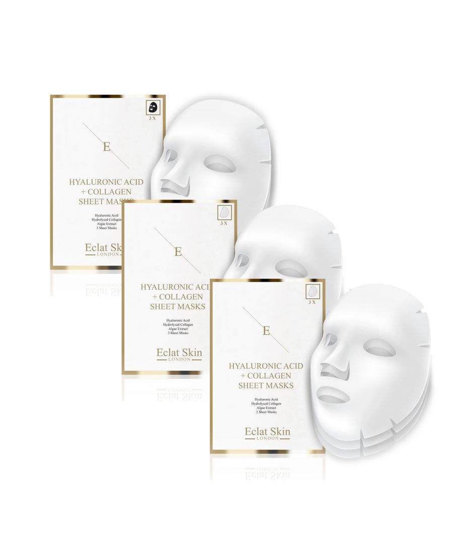 3 x SHEET MASK WITH HYALURONIC ACID AND COLLAGEN\n\n\nThree luxury 30-minute hydration treatment sheet masks with pioneering formula that contains Hyaluronic Acid, Collagen, Algae Extract and three natural extracts high in antioxidants. Designed to hydrate, nourish and plump dehydrated and dull looking skin. Use before makeup, special event or as a weekly relaxation and hydration treatment.\n\nHYALURONIC ACID\nHyaluronic Acid is naturally found in our skin, as we age our body's natural production of hyaluronic acid slows down. Hyaluronic acid is a key element making the skin looking plump and youthful as it hold moisture 1000 times its own weight. Our hyaluronic acid is called Sodium Hyaluronate and it is smaller size of hyaluronic acid that is able to penetrate and hydrate more deeper levels of the skin than normal hyaluronic acid.\n\nHYDROLYSED COLLAGEN\nCollagen is naturally found in our skin and as we age the production of collagen slows down. As an skincare ingredient collagen aims to boost plumpness and the look of the skin by bringing moisture and hydration to the skin.\n\nNATTO GUM\nNatto gum is a fermentation product of soya protein and powerful antioxidant that aims to protect the skin from free radical damage.\n\nMULBERRY EXTRACT\nMulberry extract is an antioxidant with skin brightening properties.\n\nGINKGO BILOBA LEAF EXTRACT\nGinkgo Biloba leaf extract is an antioxidant that aims to protect the skin from free radical damage.\n\n\nDirections for use: Take the mask out of the package, carefully place it over clean and dry face, and smooth it out with your fingers. Take the mask off after approximately 30 minutes. Delicately massage the remaining serum in, and allow it to be fully absorbed or wipe away with cloth.