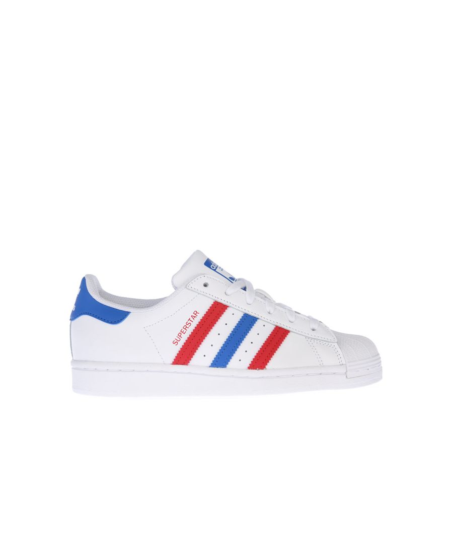 Image for Boy's adidas Originals Junior Superstar Trainers in White blue red