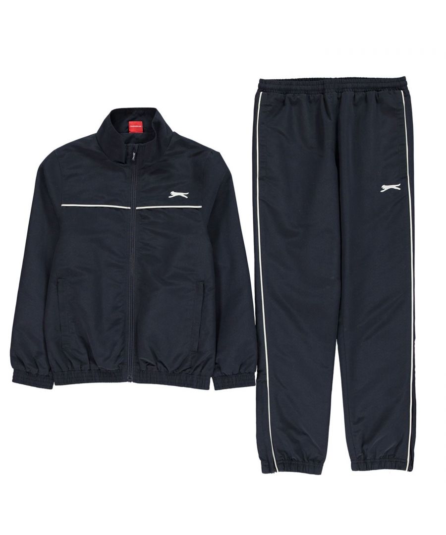 <h2>Slazenger Woven Suit Junior</h2>\nThis Kids Tracksuit offers comfortable fit thanks to its light weight material making it ideal for everyday wear or as sportswear. Combined with its cuffed hems, elasticated waistband and zip fastening, this tracksuit is ideal for all conditions.\n\n> Kids Tracksuit Top\n> Light Weight \n> Zip Fastening\n> Slazenger branding\n> Machine Washable\n> 100% Polyester\n\n> Kids Tracksuit Bottoms\n> Light Weight\n> Elasticated Waistband\n> Cuffed Hems\n> Internal Drawstring\n> Slazenger Branding\n> Machine Washable\n> 100% Polyester