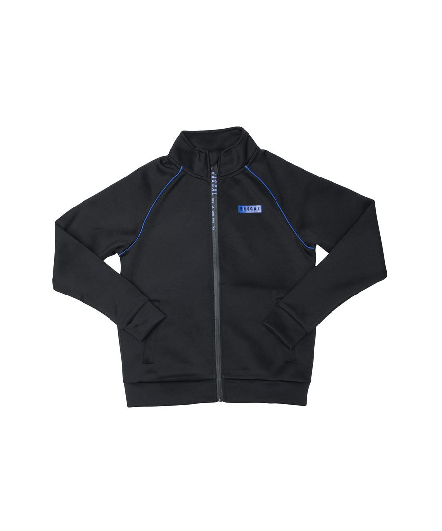 Junior Boys Rascal Alpha ZT Track Top in black.- Funnel neck.- Branded concealed full zip fastening.- Two side pockets.- Contrasting piping.- Box Rascal logo to the chest.- Standard fit.- Main Material: 93% Polyester  7% Elastane.  Machine washable. - Ref: RCLTJ10948