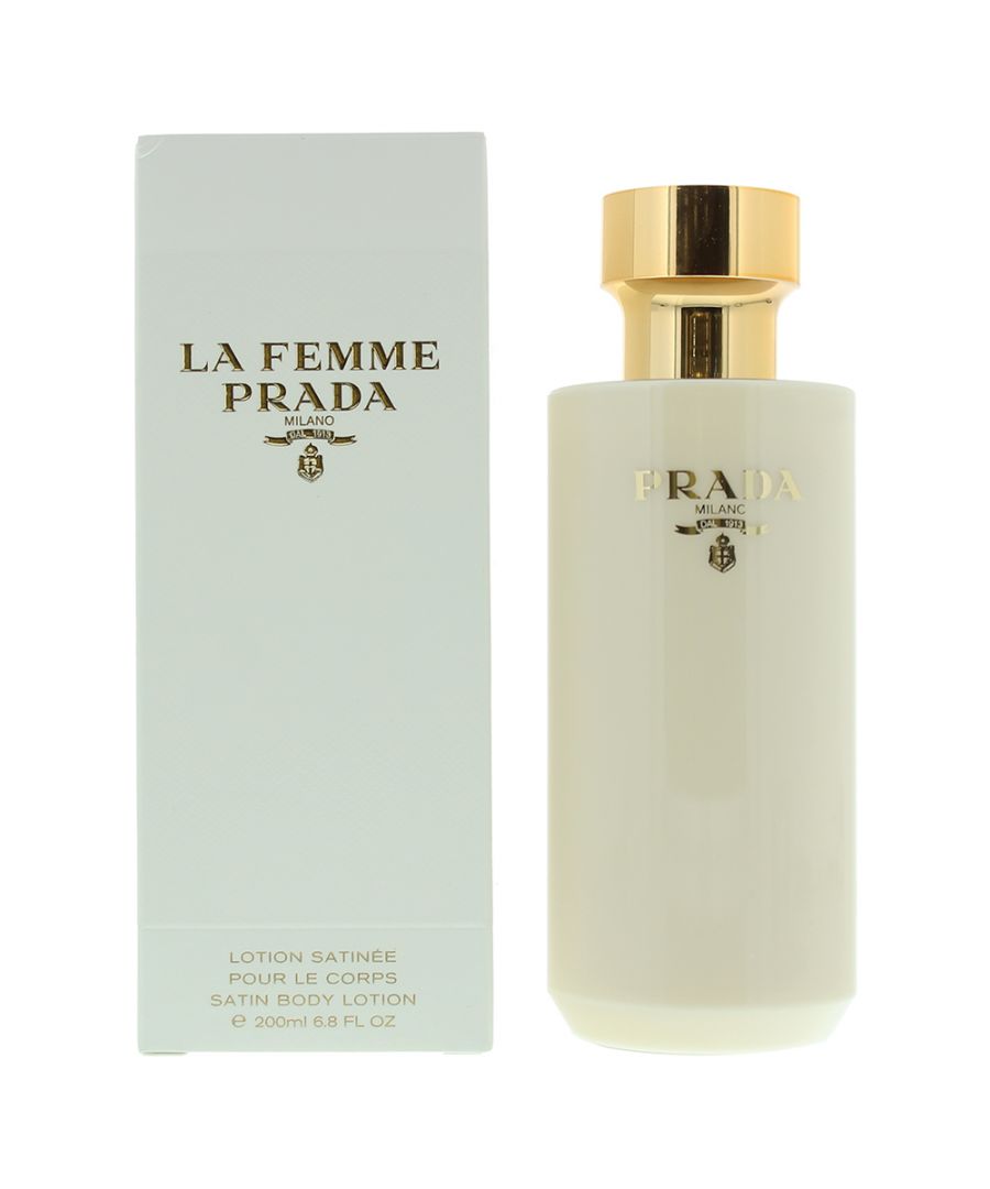 Indulge your skin in a coating of luxurious scent and moisture with the Prada La Femme satin body lotion. Formulated with delicate feminine notes of ylang-ylang, frangipani and vanilla and developed with a silky satin texture, this lotion is perfect for use after bathing to leave you skin feeling smooth, hydrated and delicately scented.